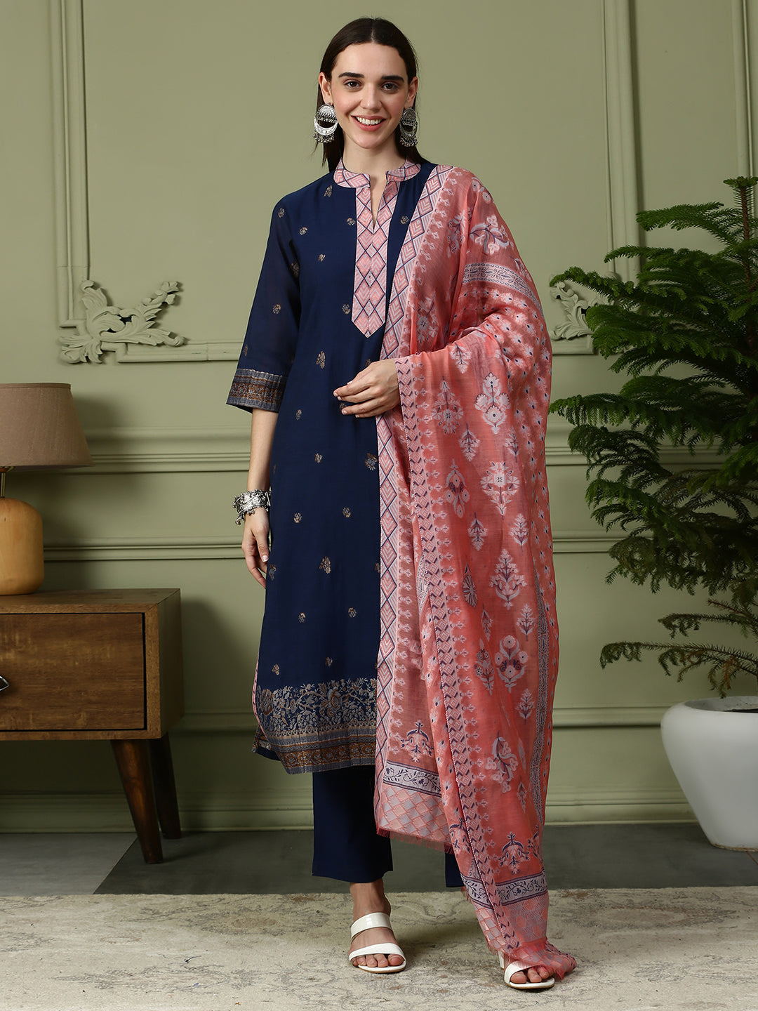 Shingora Navy Blue Ethnic Motifs Woven Design Mandarin Collar Stitched Suit Set