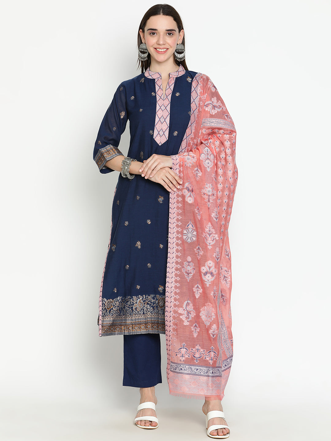 Shingora Navy Blue Ethnic Motifs Woven Design Mandarin Collar Stitched Suit Set