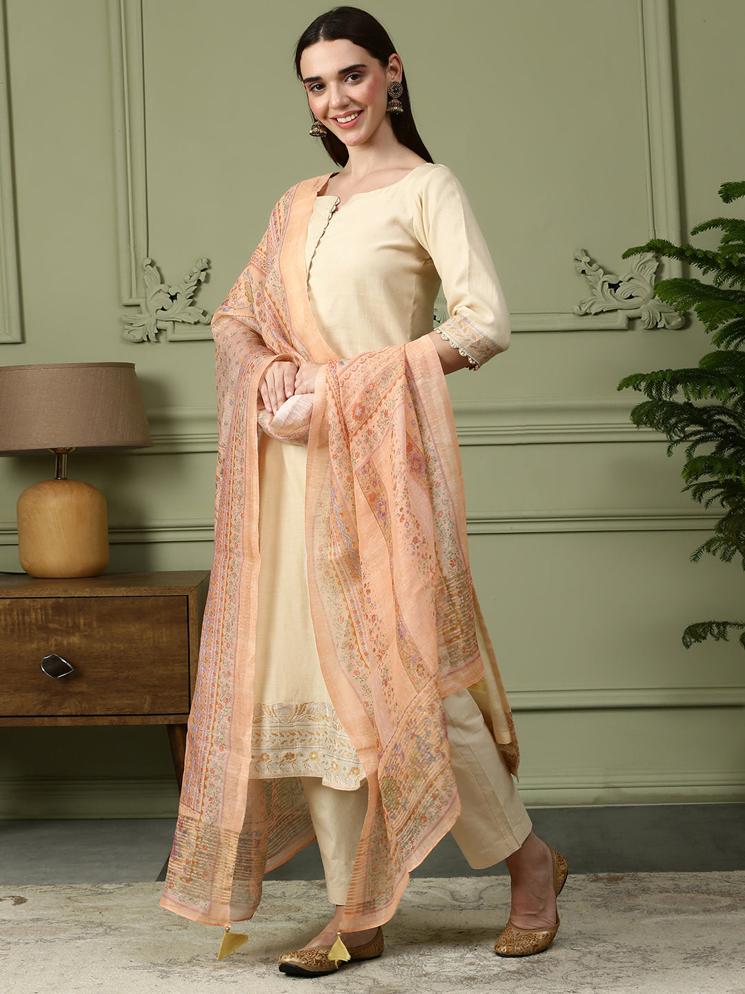 Shingora Yellow Self Design Beads and Stones Notch Neck Stitched Suit Set