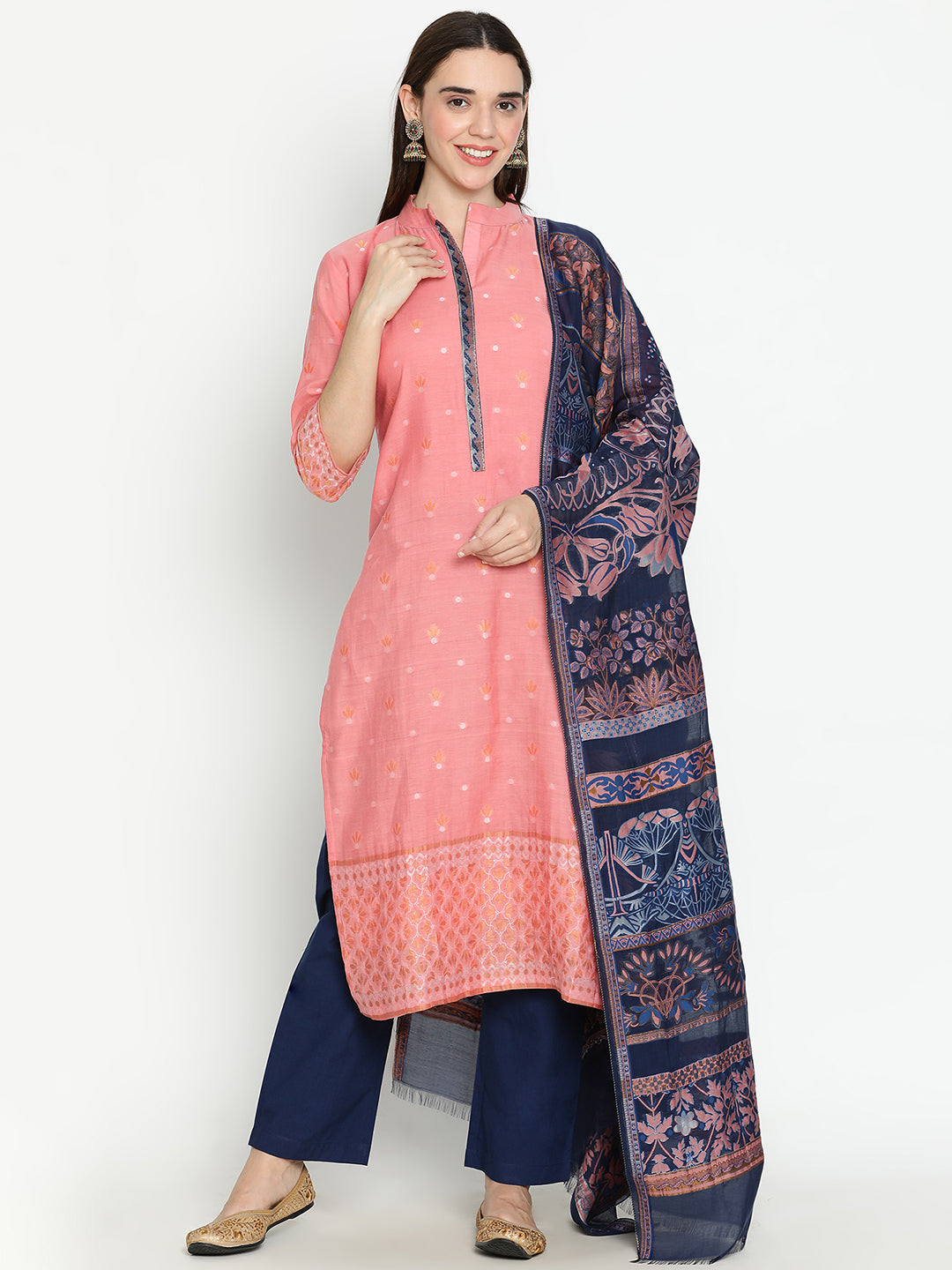 Shingora Pink Mandarin Collar Stitched Suit Set