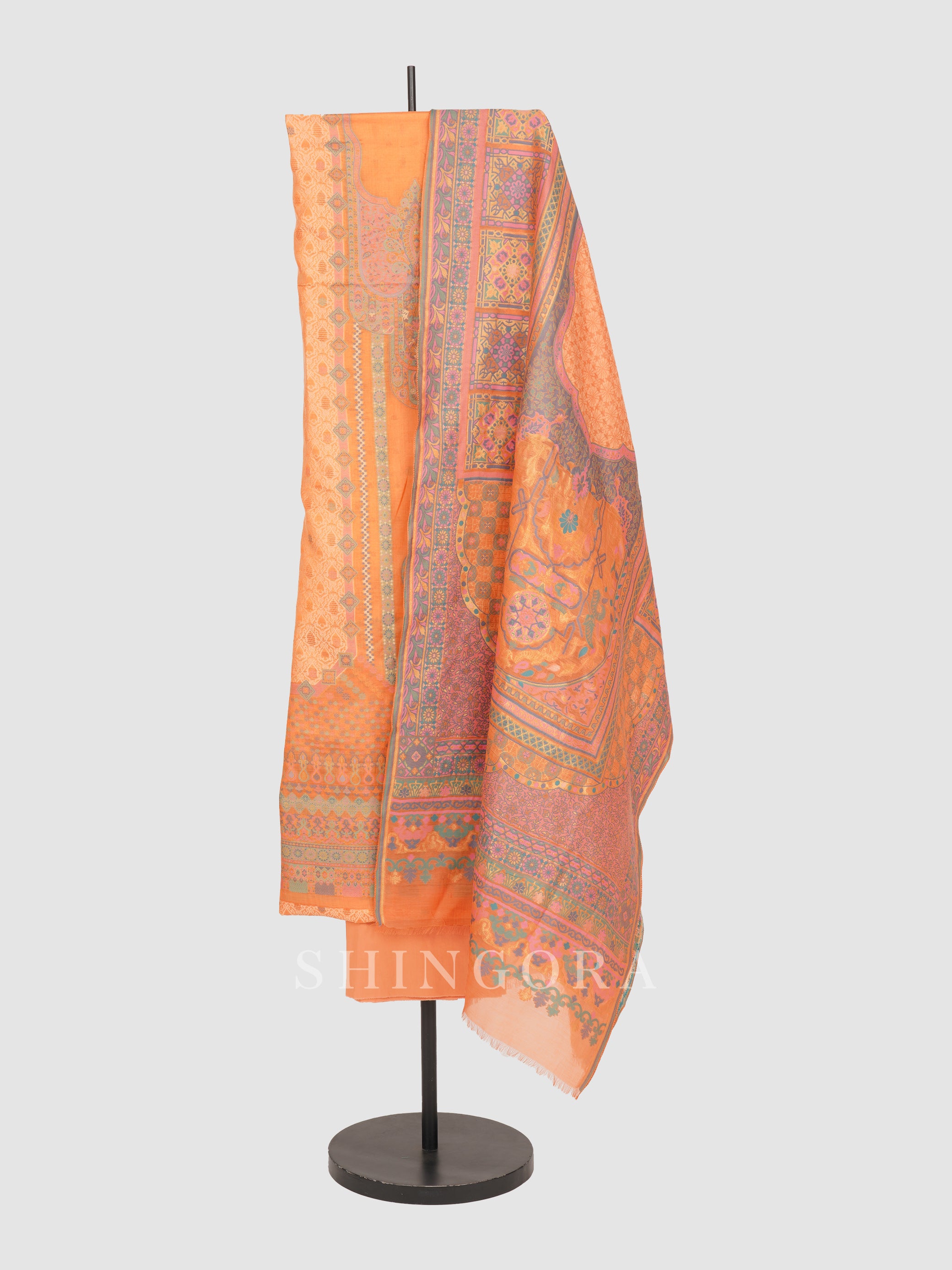 Chamak: White Petal Jacquard Karni Botanical Unstitched Suit & Dupatta