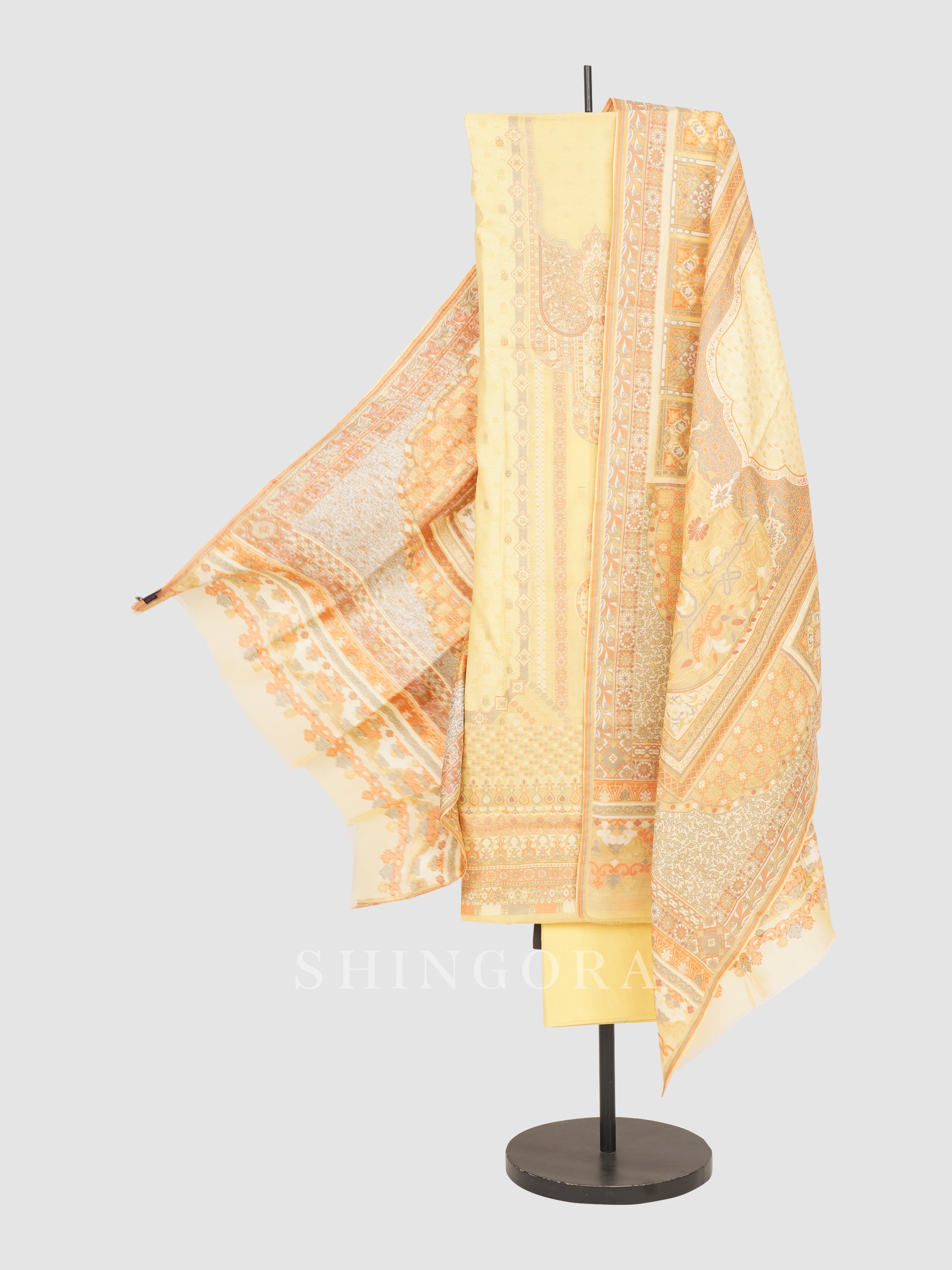 Chamak: White Petal Jacquard Karni Botanical Unstitched Suit & Dupatta