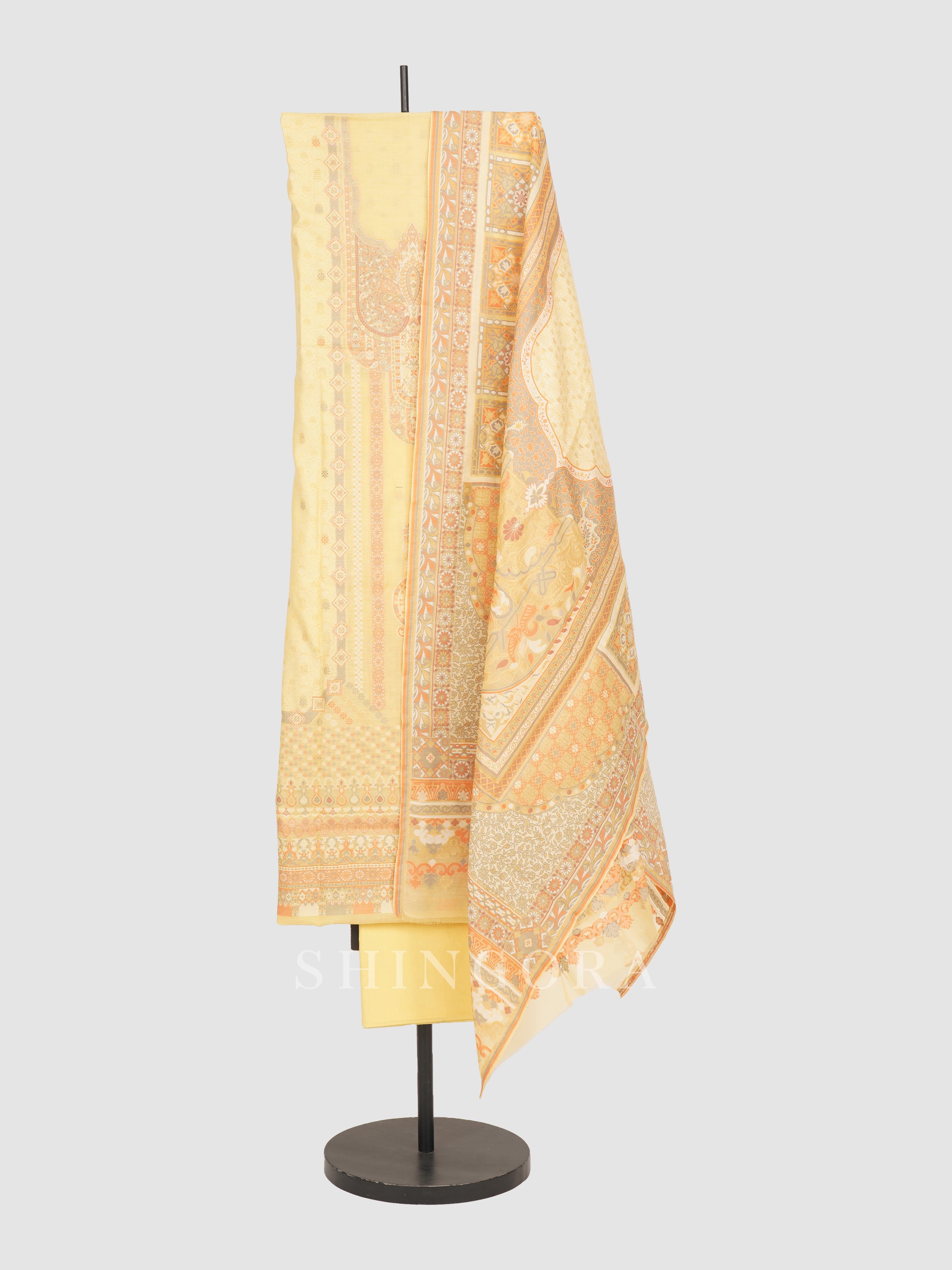 Chamak: White Petal Jacquard Karni Botanical Unstitched Suit & Dupatta