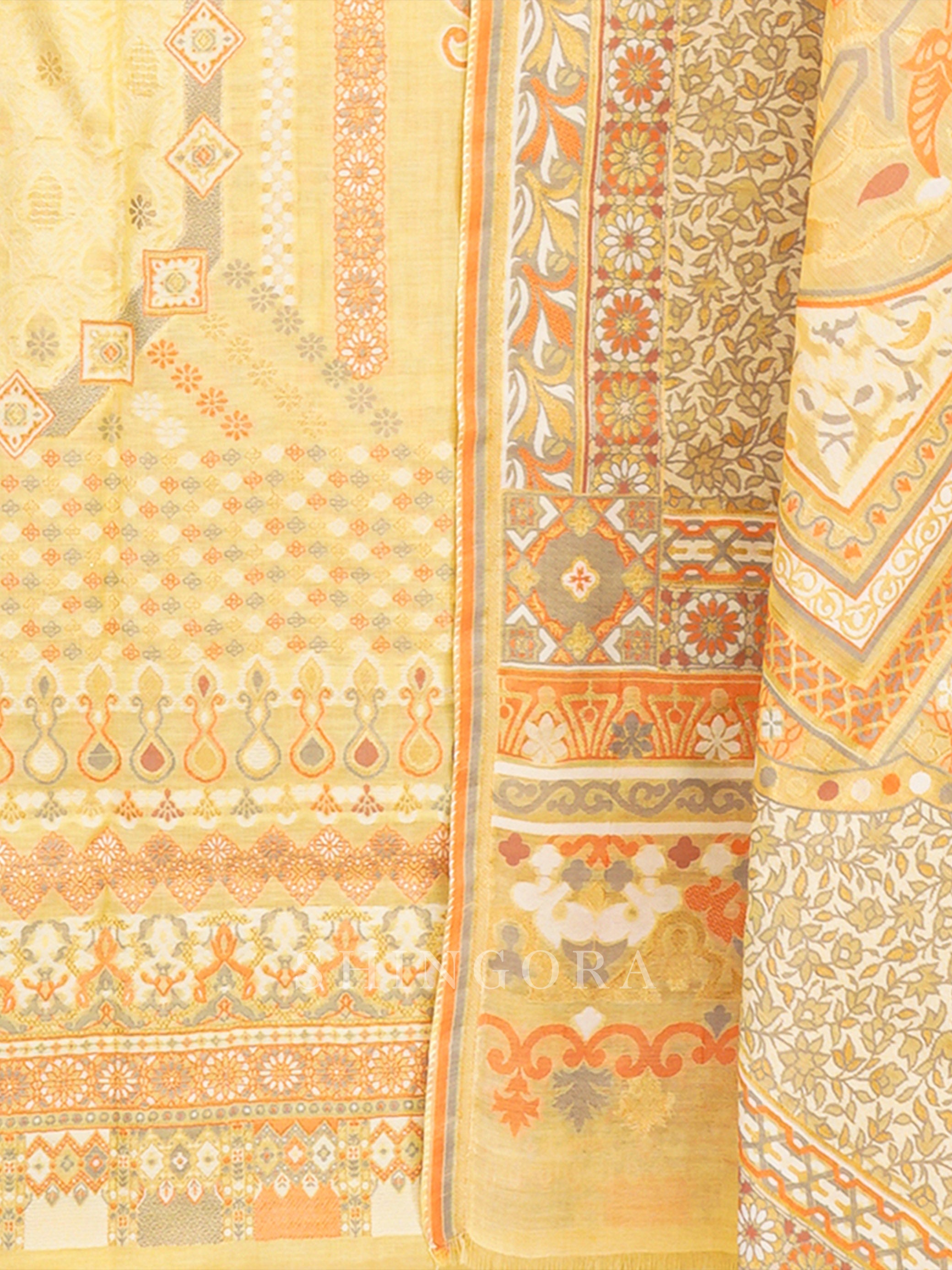 Chamak: White Petal Jacquard Karni Botanical Unstitched Suit & Dupatta