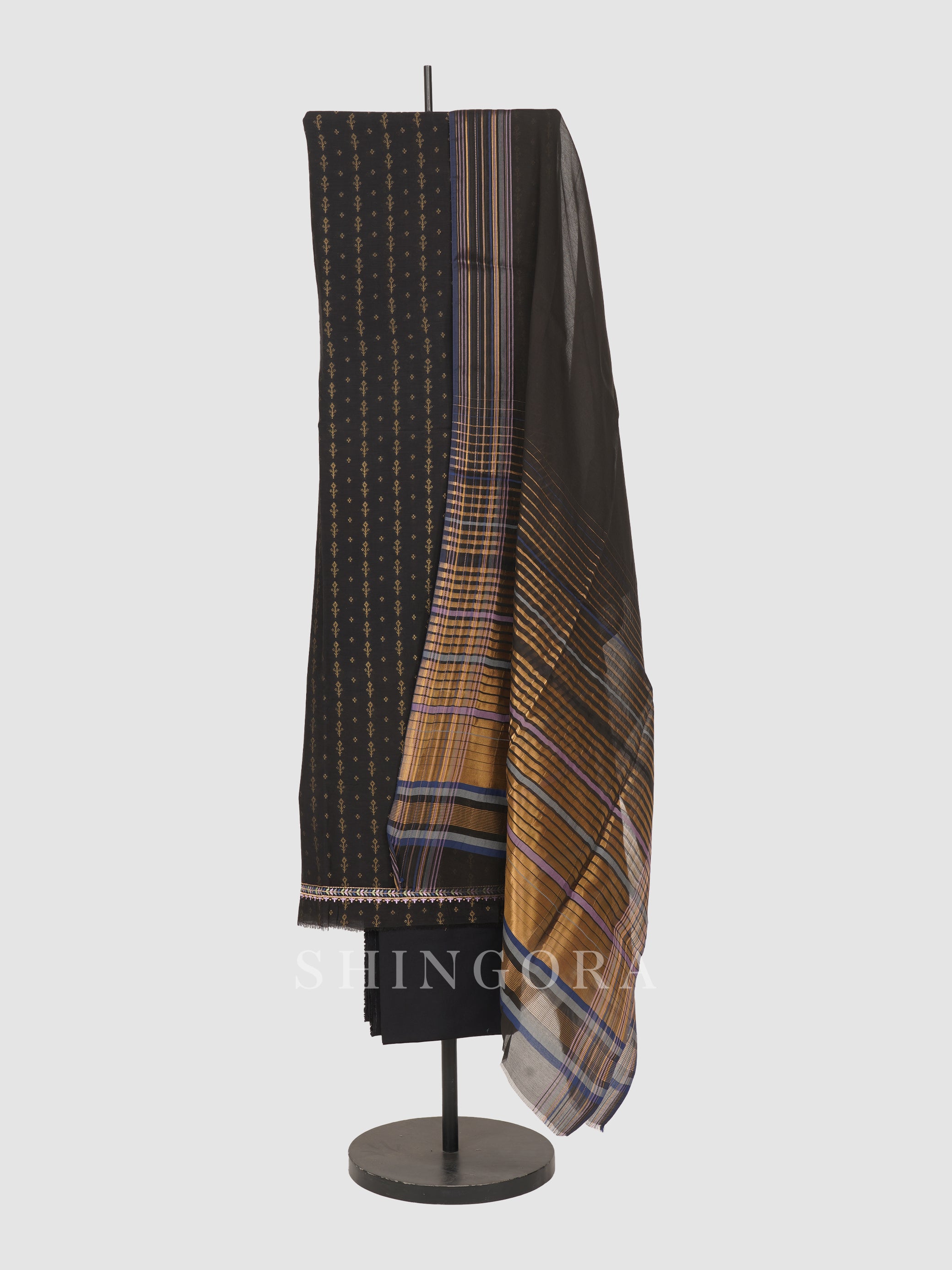 Akaar: Jacquard Embroidered Unstitched Suit with Striped Dupatta