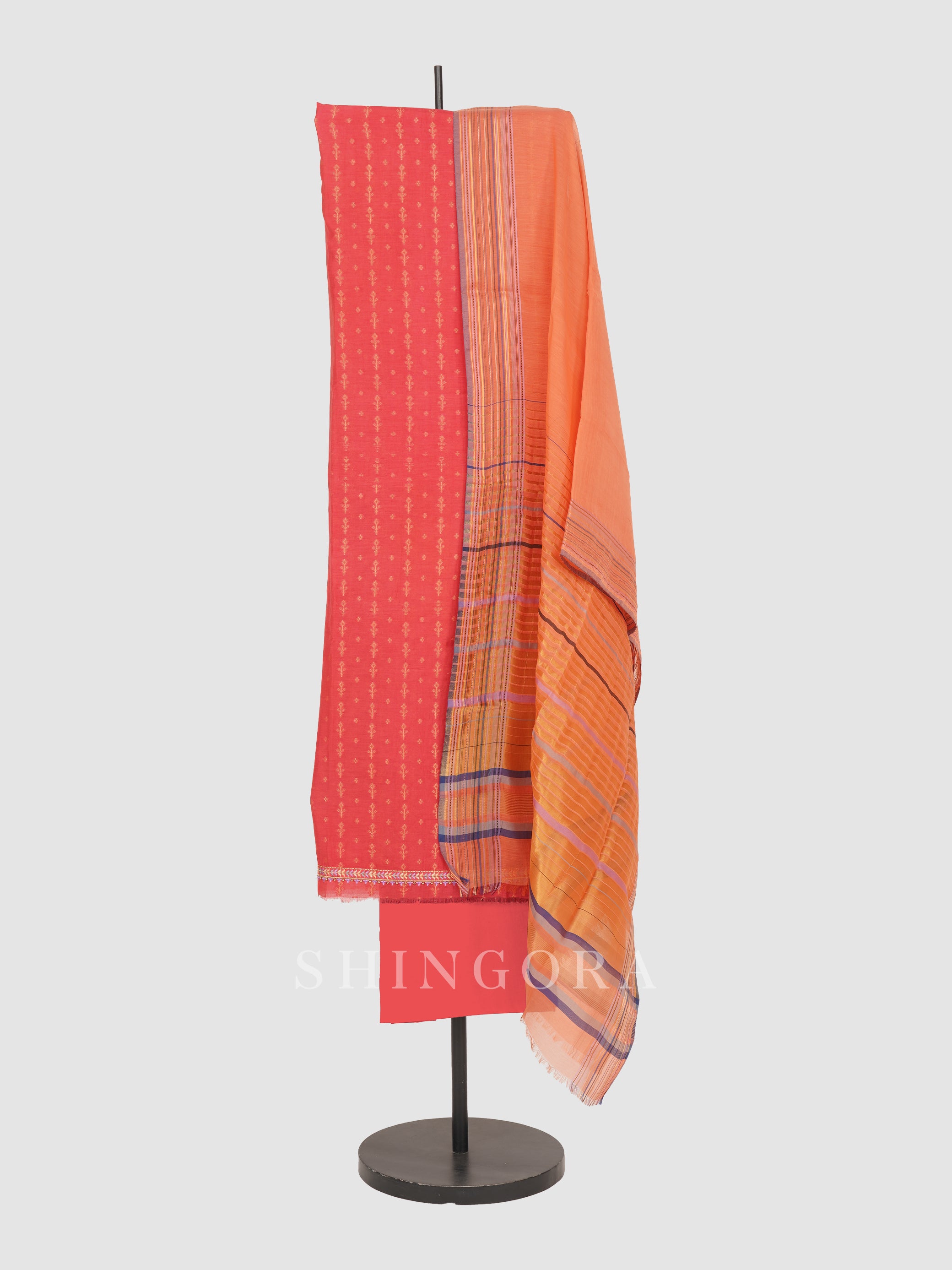 Akaar: Jacquard Embroidered Unstitched Suit with Striped Dupatta