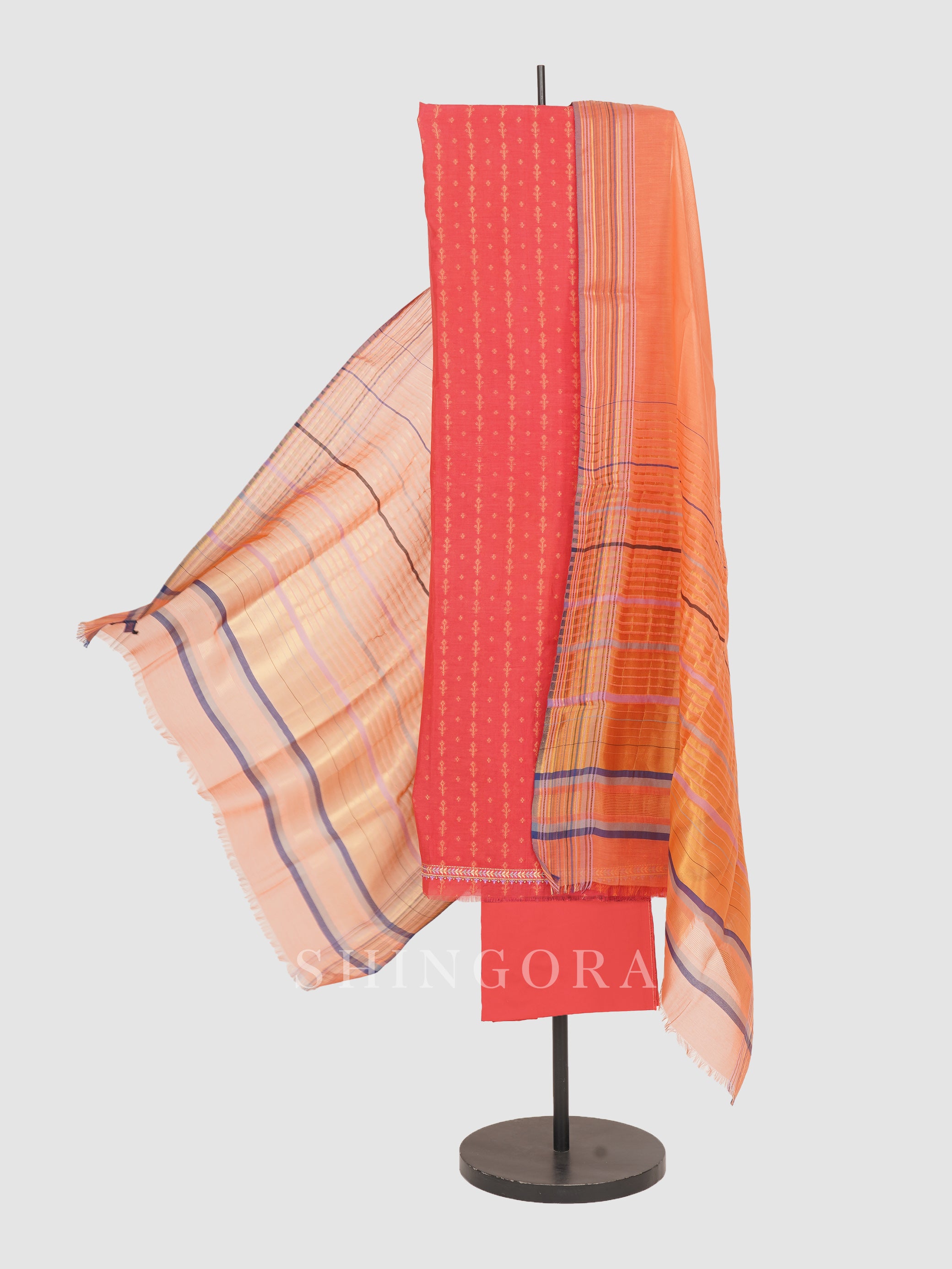 Akaar: Jacquard Embroidered Unstitched Suit with Striped Dupatta