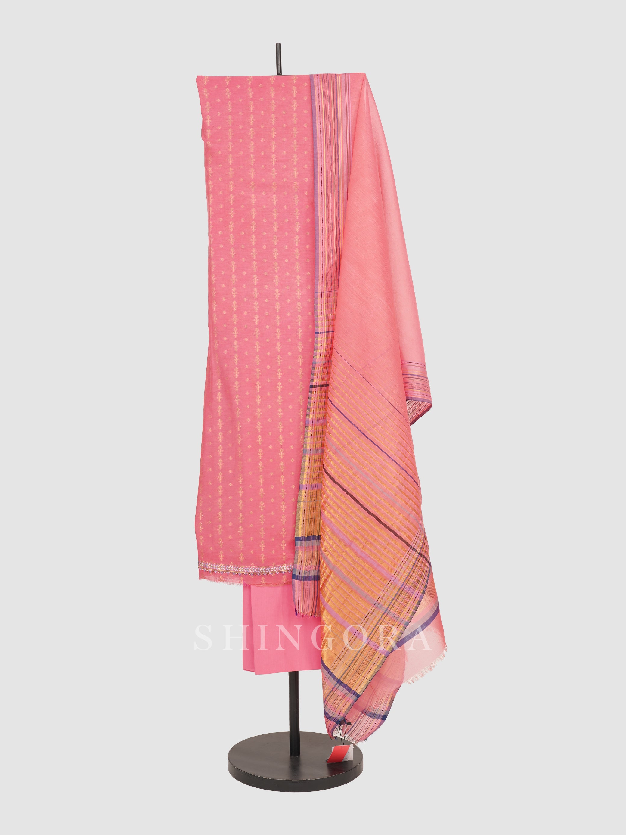 Akaar: Jacquard Embroidered Unstitched Suit with Striped Dupatta