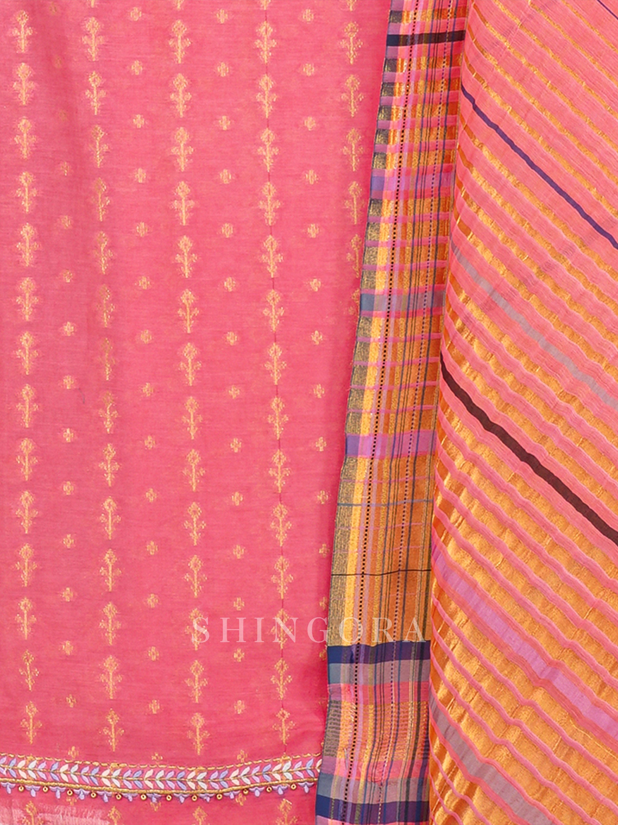 Akaar: Jacquard Embroidered Unstitched Suit with Striped Dupatta