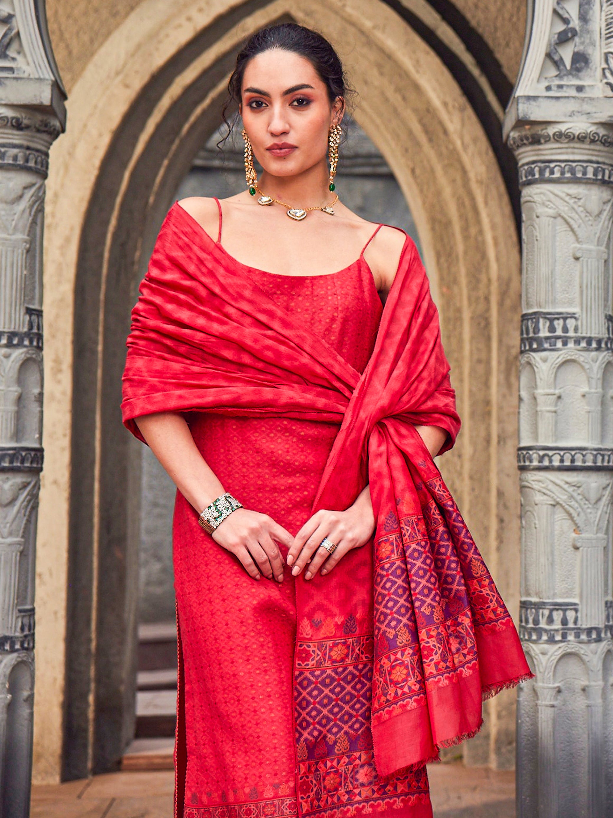 Aarzoo: Crimson Gem Jacquard Metallic Unstitched Suit & Dupatta