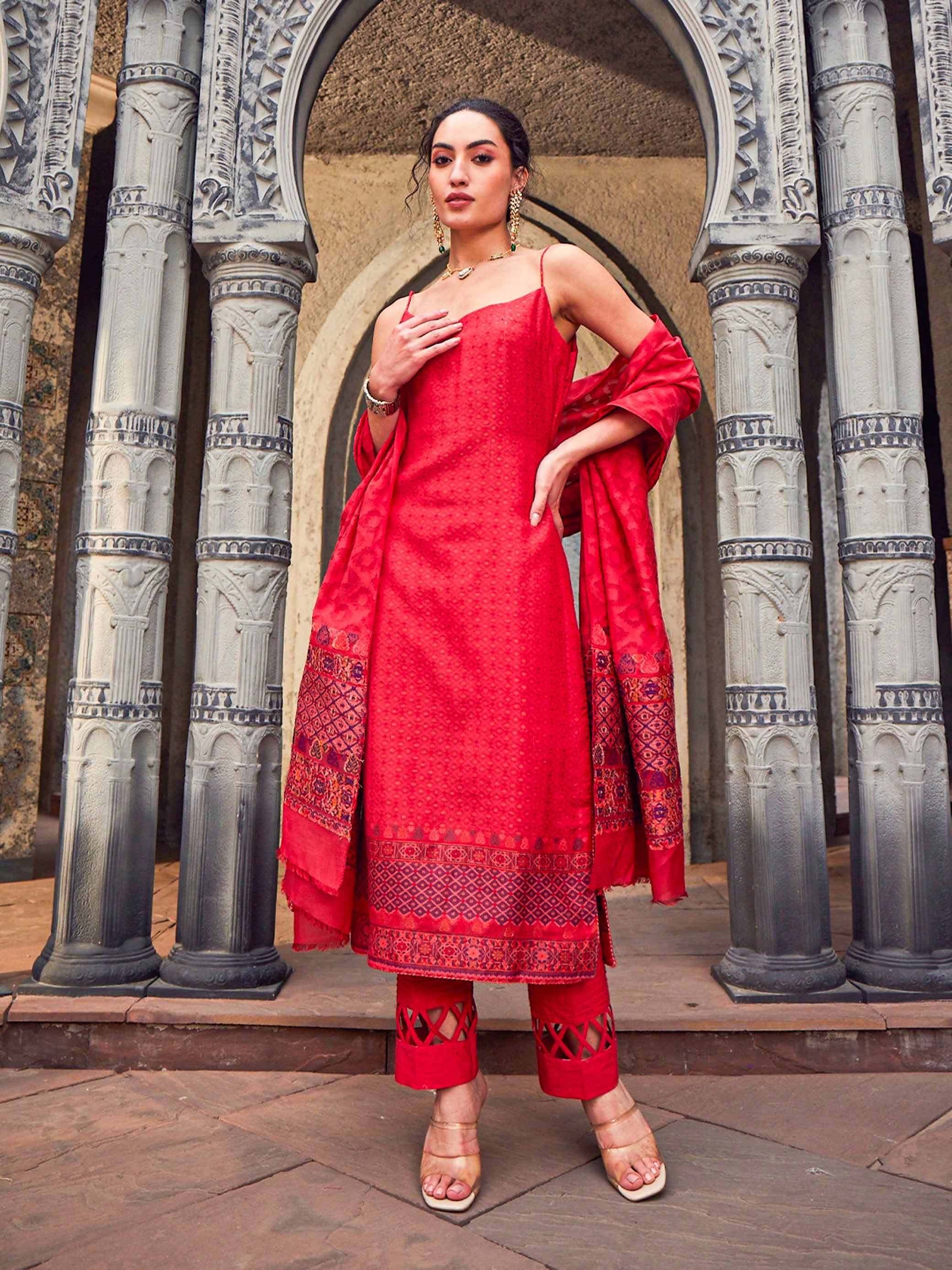 Aarzoo: Crimson Gem Jacquard Metallic Unstitched Suit & Dupatta