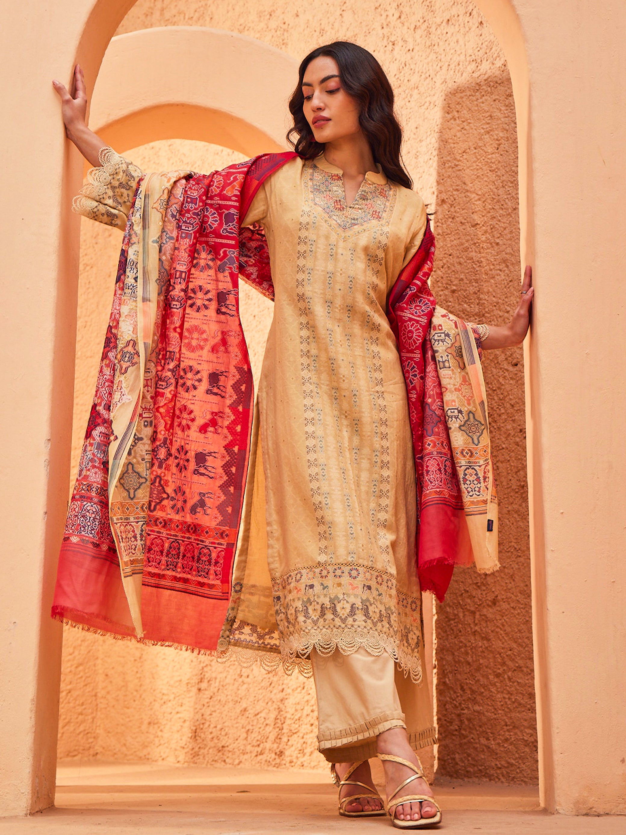 Manzil: Beige Ecru Ombre Jacquard Karni Unstitched Suit & Dupatta