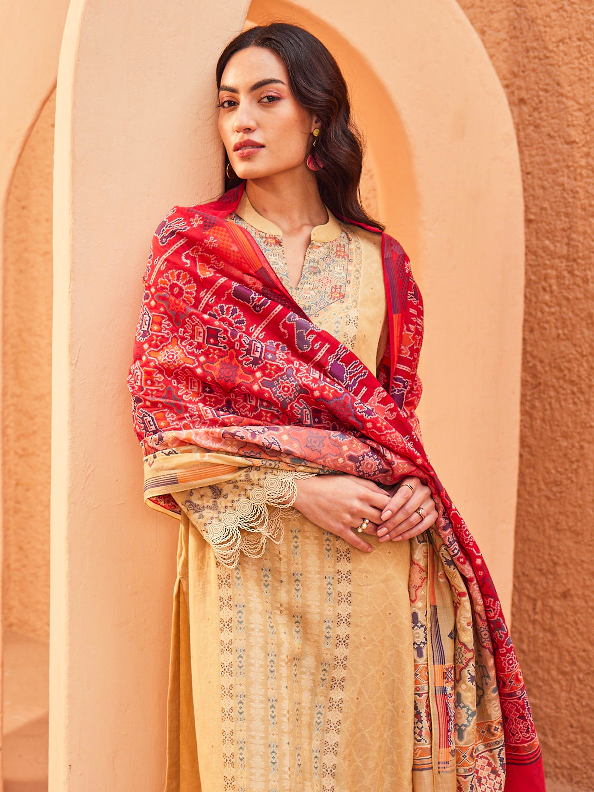Manzil: Beige Ecru Ombre Jacquard Karni Unstitched Suit & Dupatta