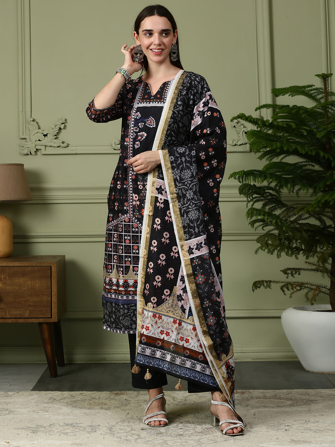 Shingora Black Floral Printed Notch Neck Stitched Suit Set