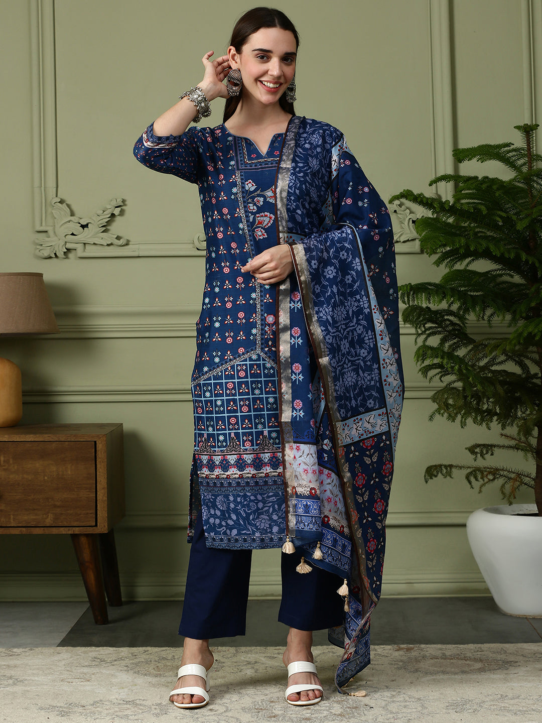 Shingora Blue Floral Printed Notch Neck Stitched Suit Set