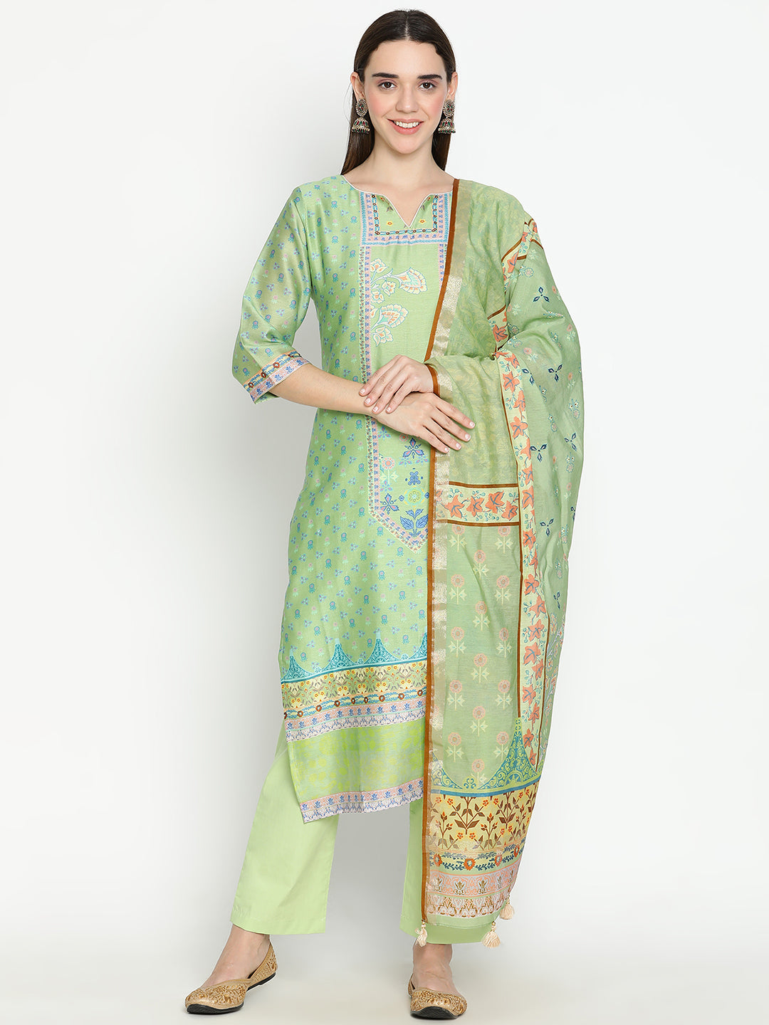 Shingora Green Floral Printed Notch Neck Stitched Suit Set
