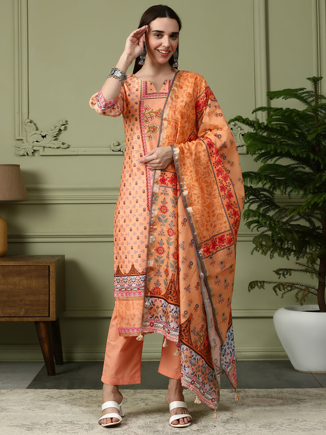 Shingora Peach Floral Printed Notch Neck Stitched Suit Set