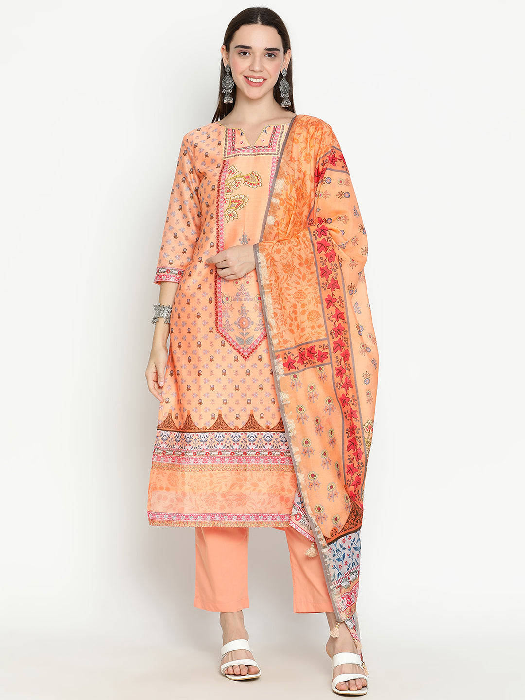 Shingora Peach Floral Printed Notch Neck Stitched Suit Set
