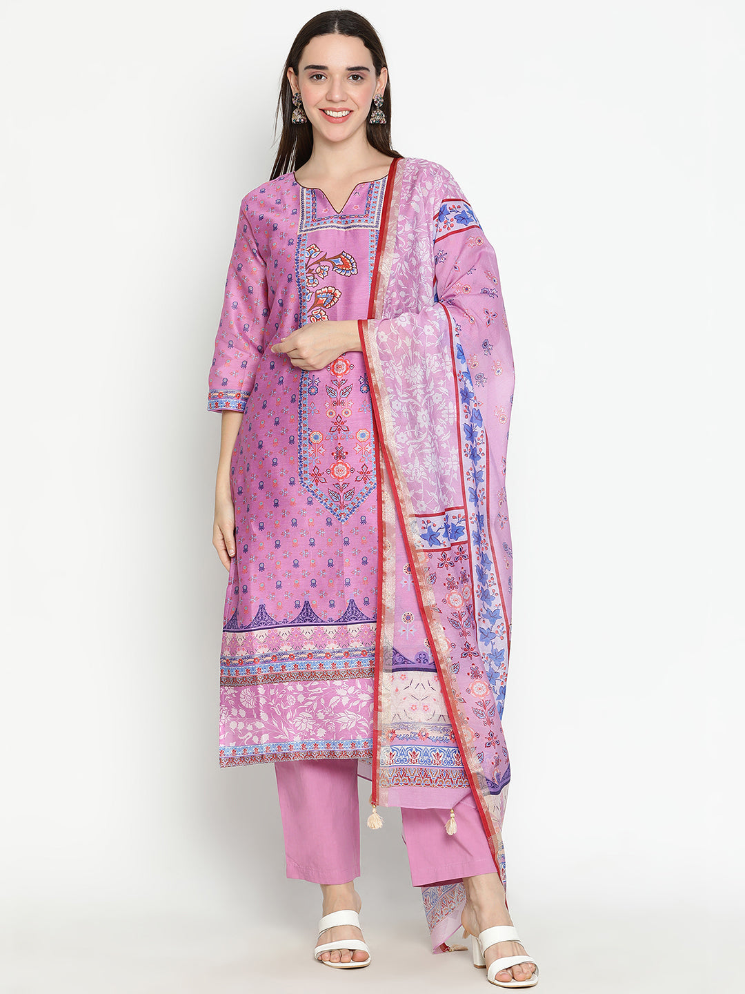 Shingora Mauve Floral Printed Notch Neck Stitched Suit Set