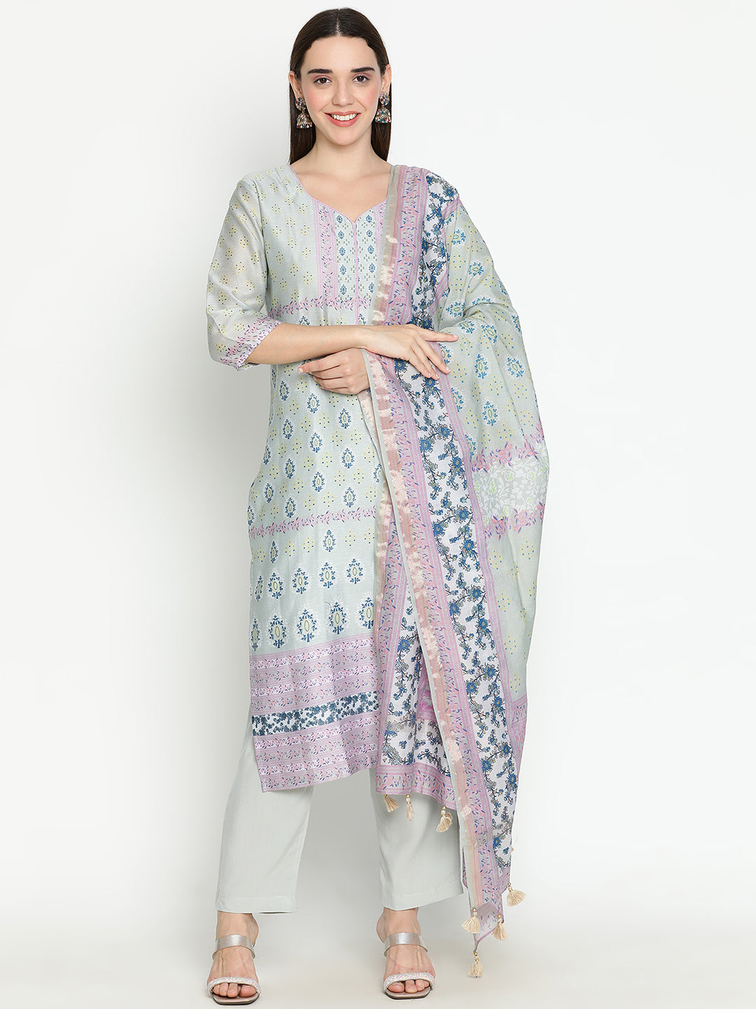 Shingora Grey Floral Printed Sweetheart Neck Stitched Suit Set