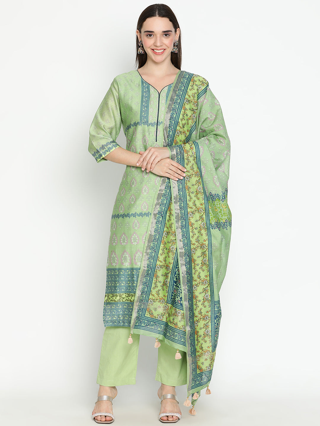 Shingora Green Floral Printed Sweetheart Neck Stitched Suit Set