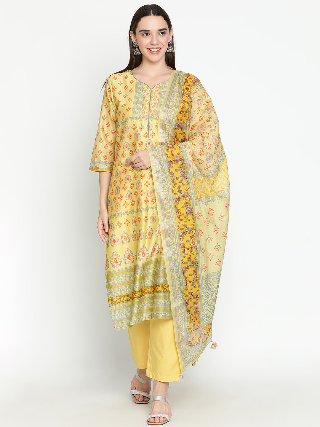 Shingora Yellow Floral Printed Sweetheart Neck Stitched Suit Set