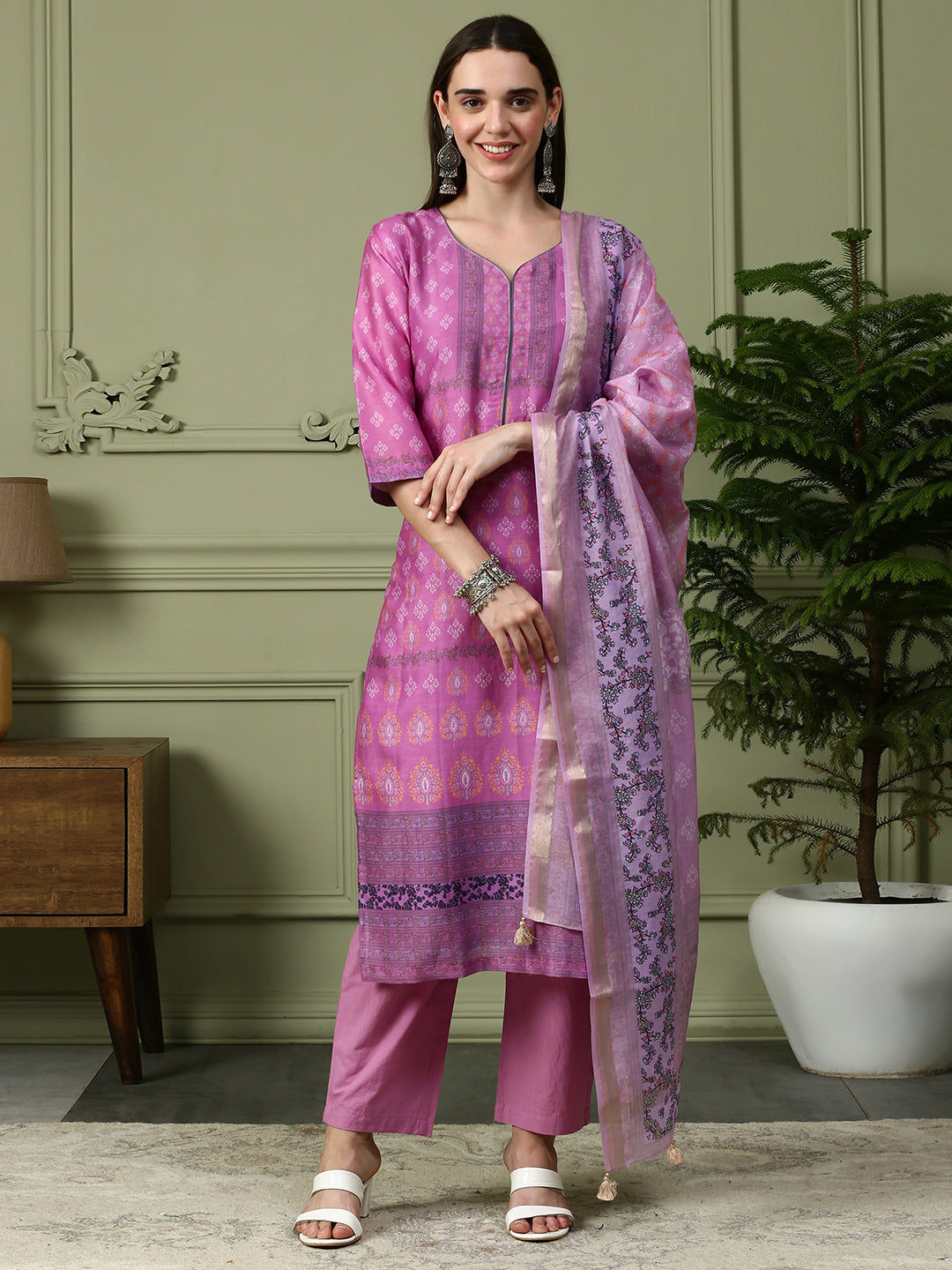 Shingora Mauve Floral Printed Sweetheart Neck Stitched Suit Set