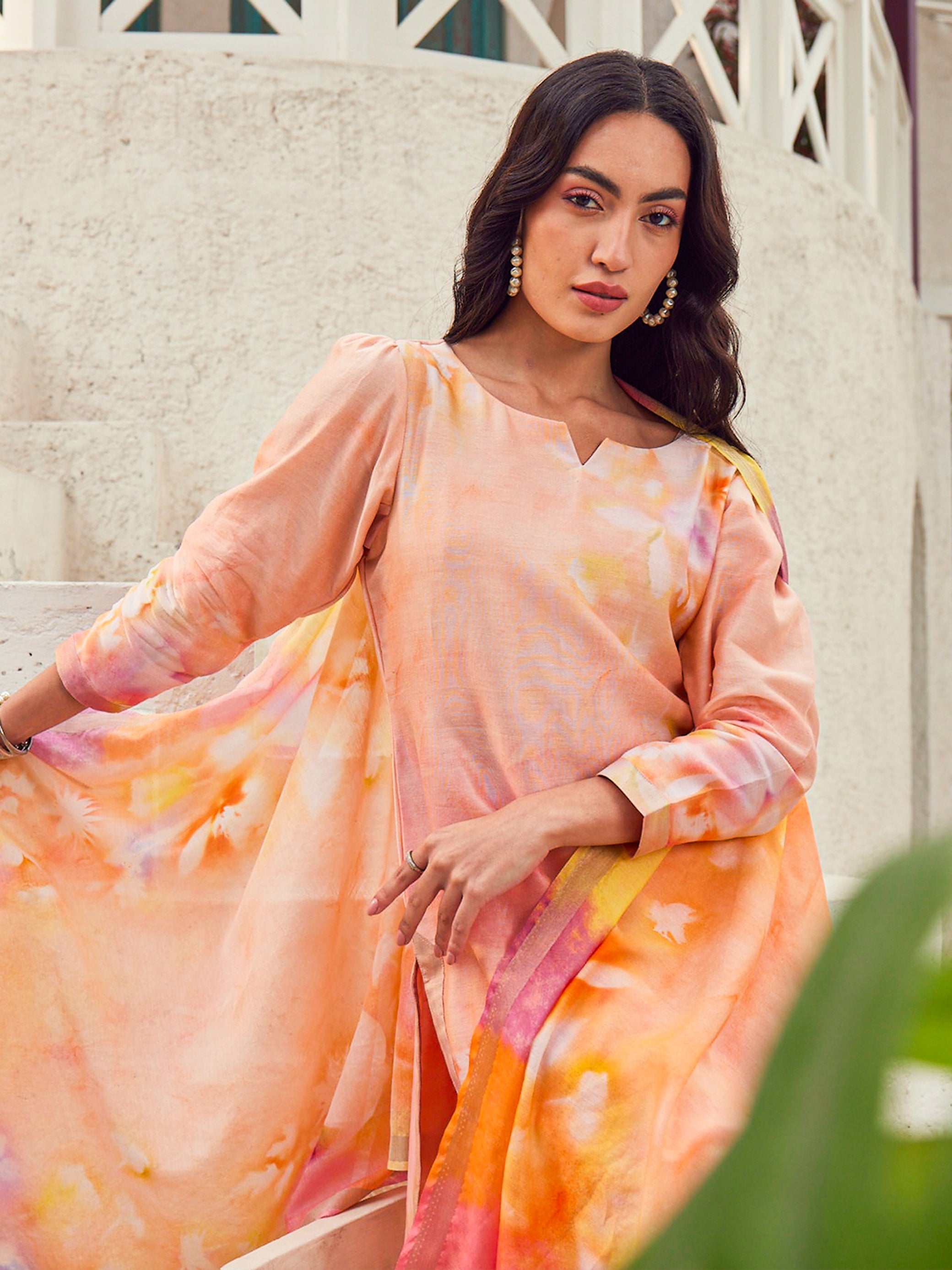Roshni: Roseate Orange Sunflower Printed Silk Unstitched Suit & Dupatta
