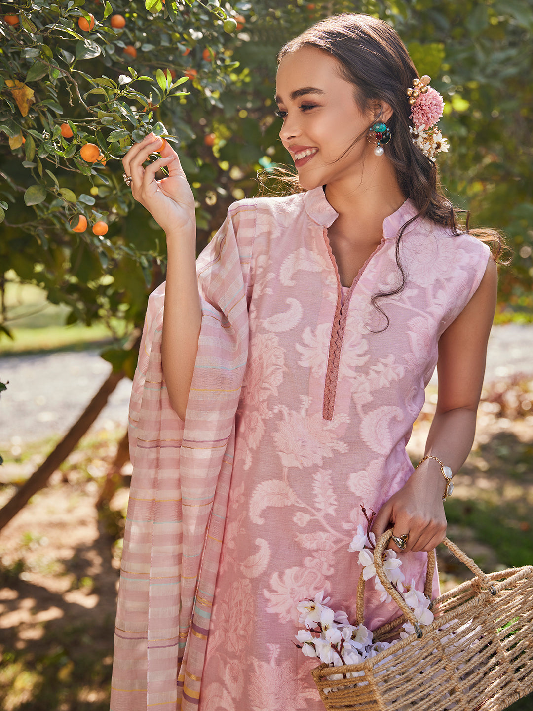 Akaar:Awning Stripes Jacquard Floral Unstitched Suit Set