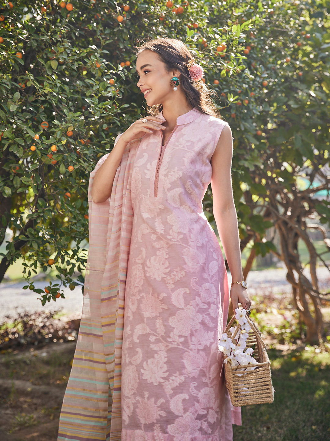 Akaar:Awning Stripes Jacquard Floral Unstitched Suit Set