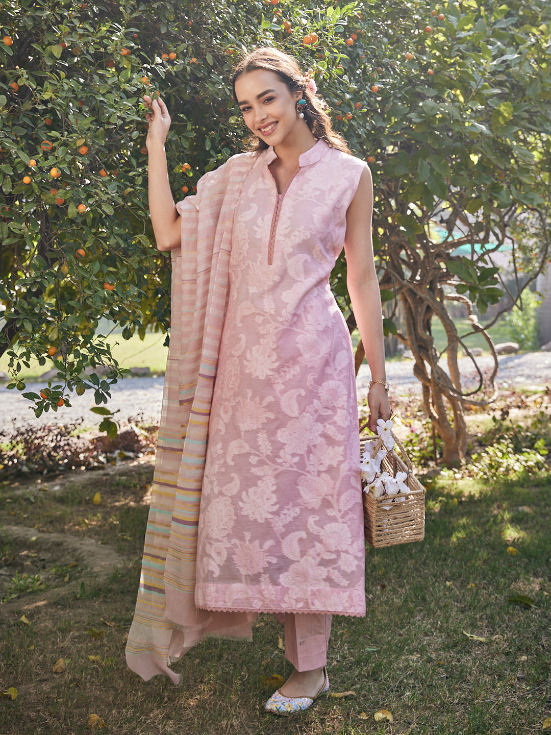 Akaar:Awning Stripes Jacquard Floral Unstitched Suit Set