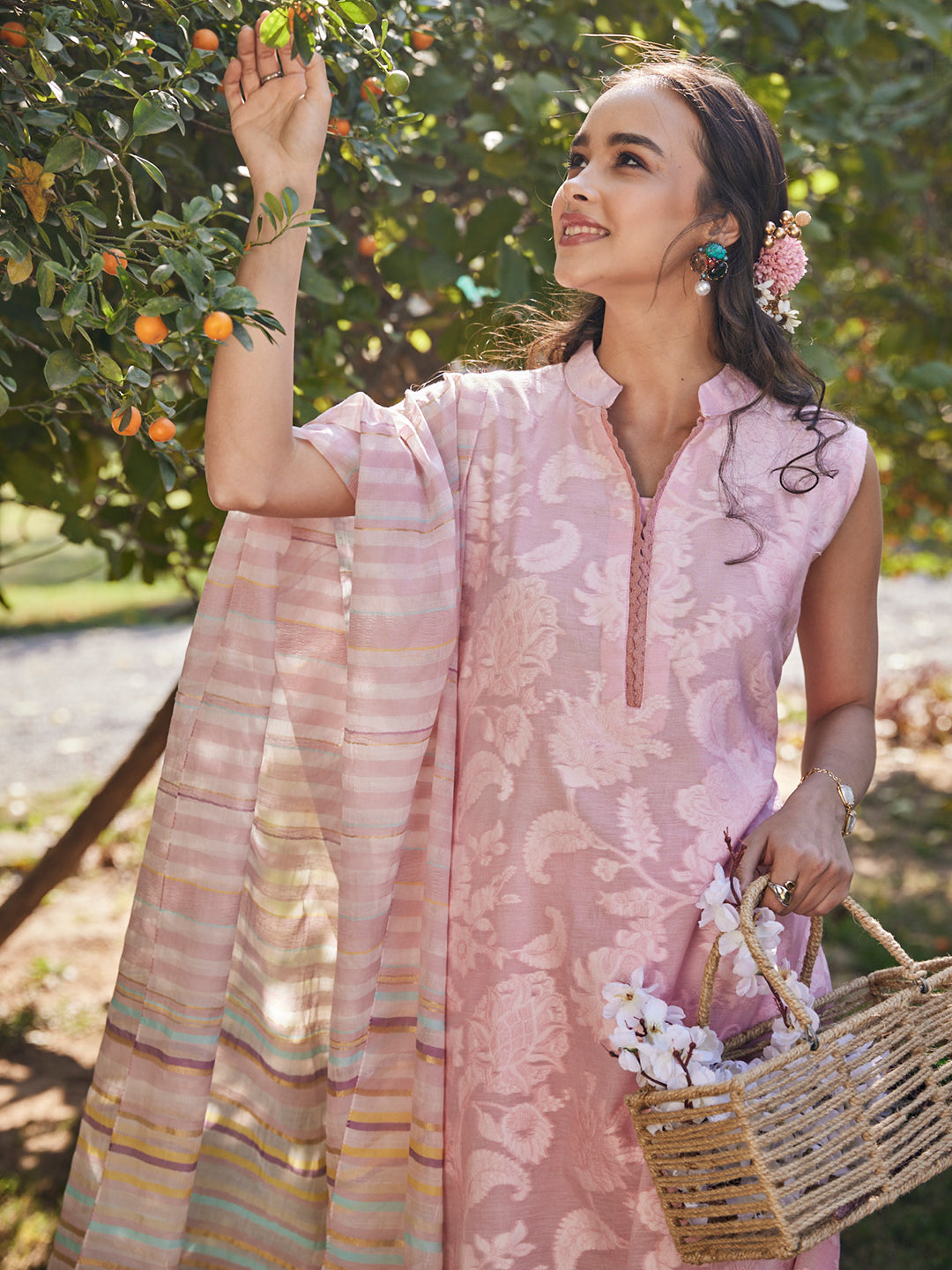 Akaar:Awning Stripes Jacquard Floral Unstitched Suit Set