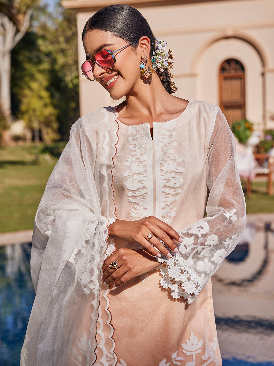 Vani:Guipure Lace Self Woven Design Unstitched Suit Set