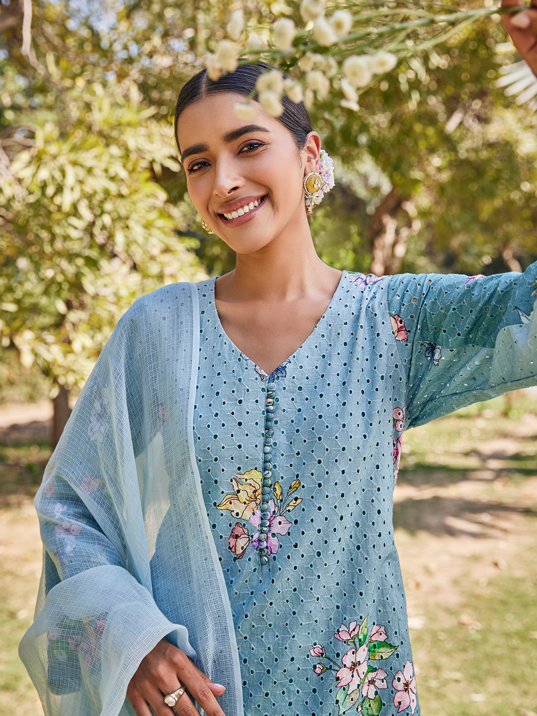 Dhree:Phool Schiffli Floral Printed Unstitched Suit Set
