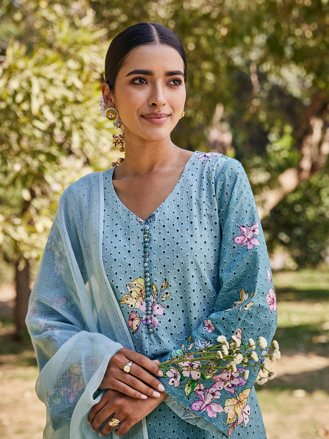 Dhree:Phool Schiffli Floral Printed Unstitched Suit Set