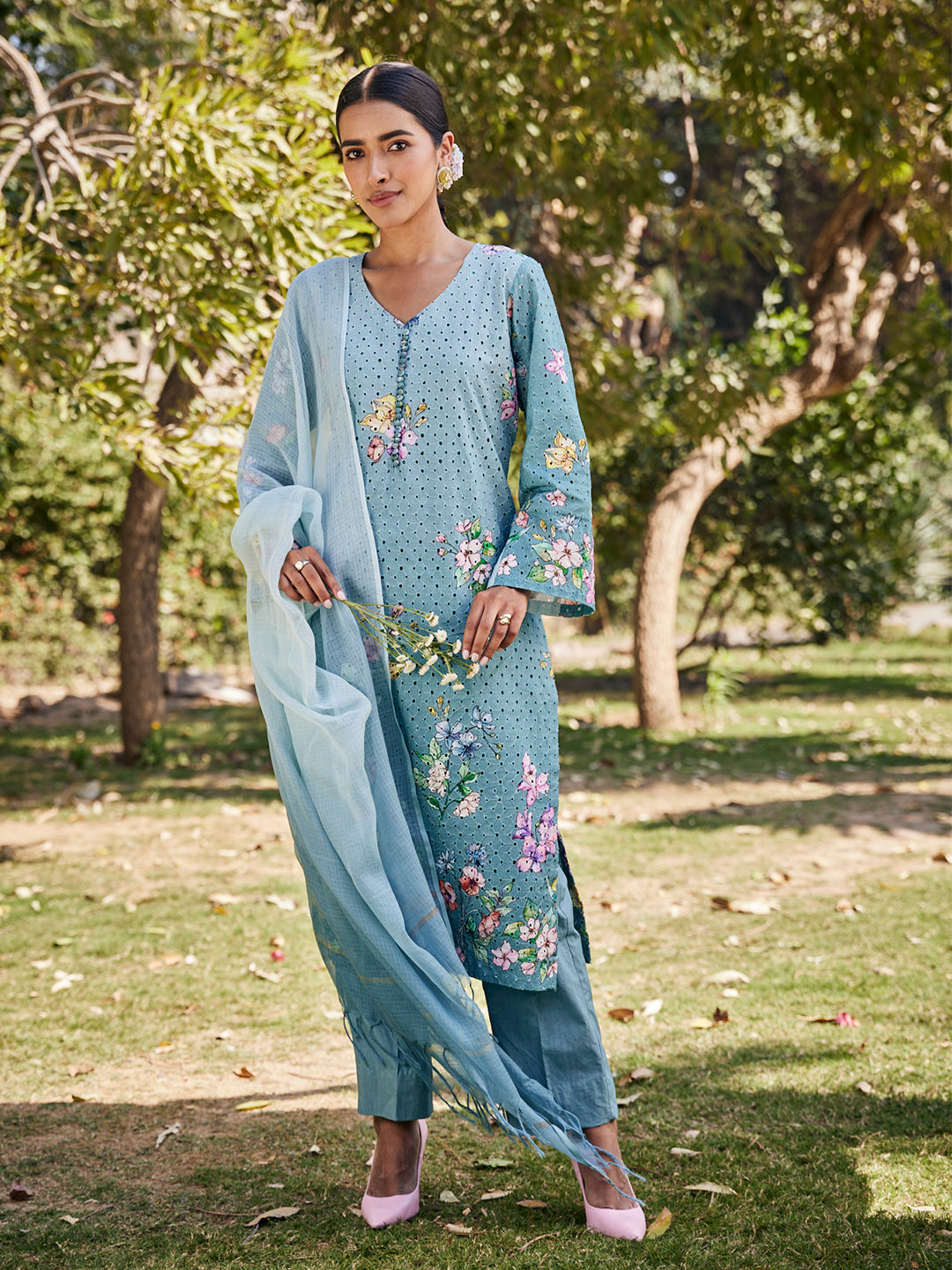 Dhree:Phool Schiffli Floral Printed Unstitched Suit Set