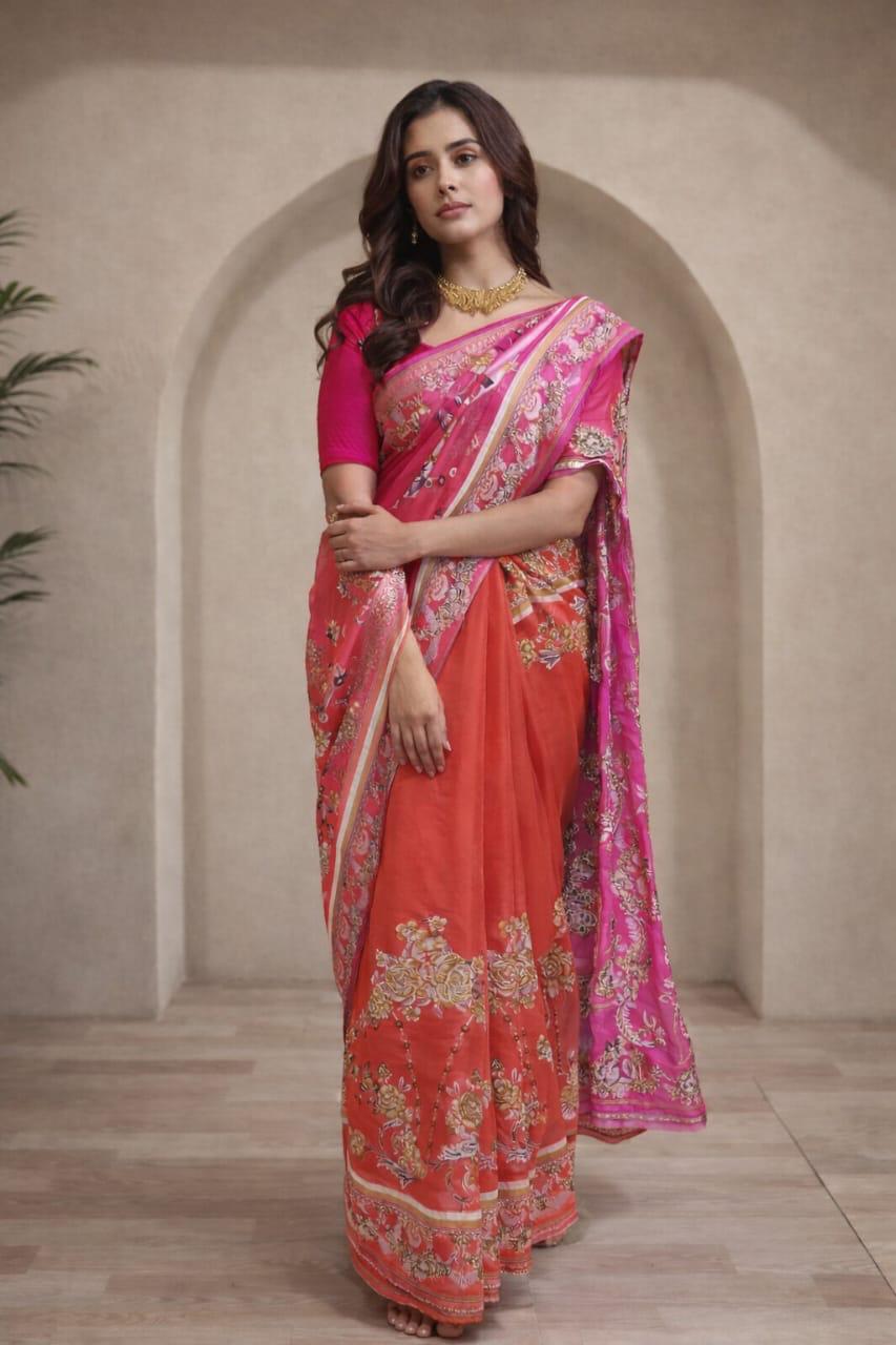 Pink & Coral Floral Jacquard Saree for Women | Designer Festive Saree