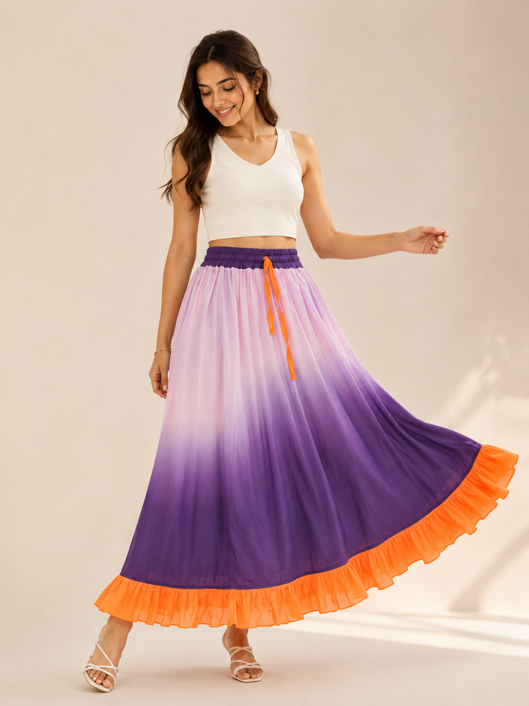 Women’s Pink & Purple Ombre Maxi Skirt with Orange Ruffle Hem