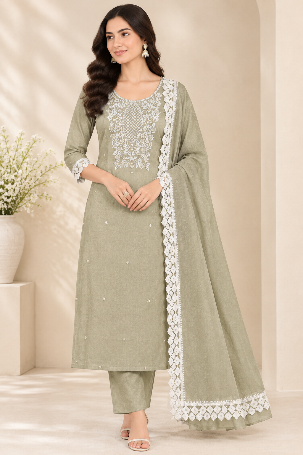 Women’s Festive Wear Unstitched Suit Set with Embroidered Kurta Fabric & Lace Border Dupatta – Olive Green Poly Cotton 3-Piece Dress Material