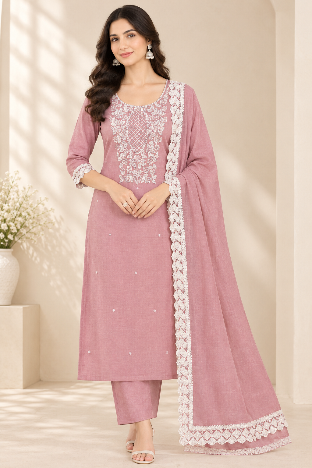 Women’s Festive Wear Unstitched Suit Set with Embroidered Kurta Fabric & Lace Border Dupatta – Antique Pink Peach Poly Cotton 3-Piece Dress Material (Copy)