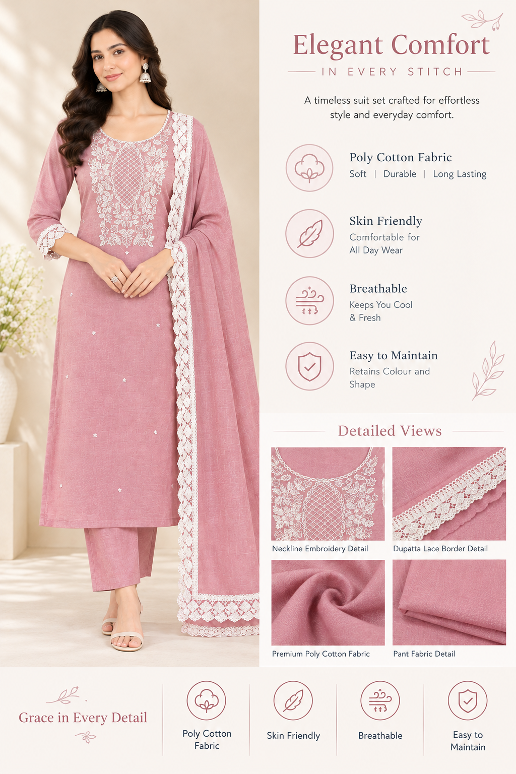 Women’s Festive Wear Unstitched Suit Set with Embroidered Kurta Fabric & Lace Border Dupatta – Antique Pink Peach Poly Cotton 3-Piece Dress Material (Copy)