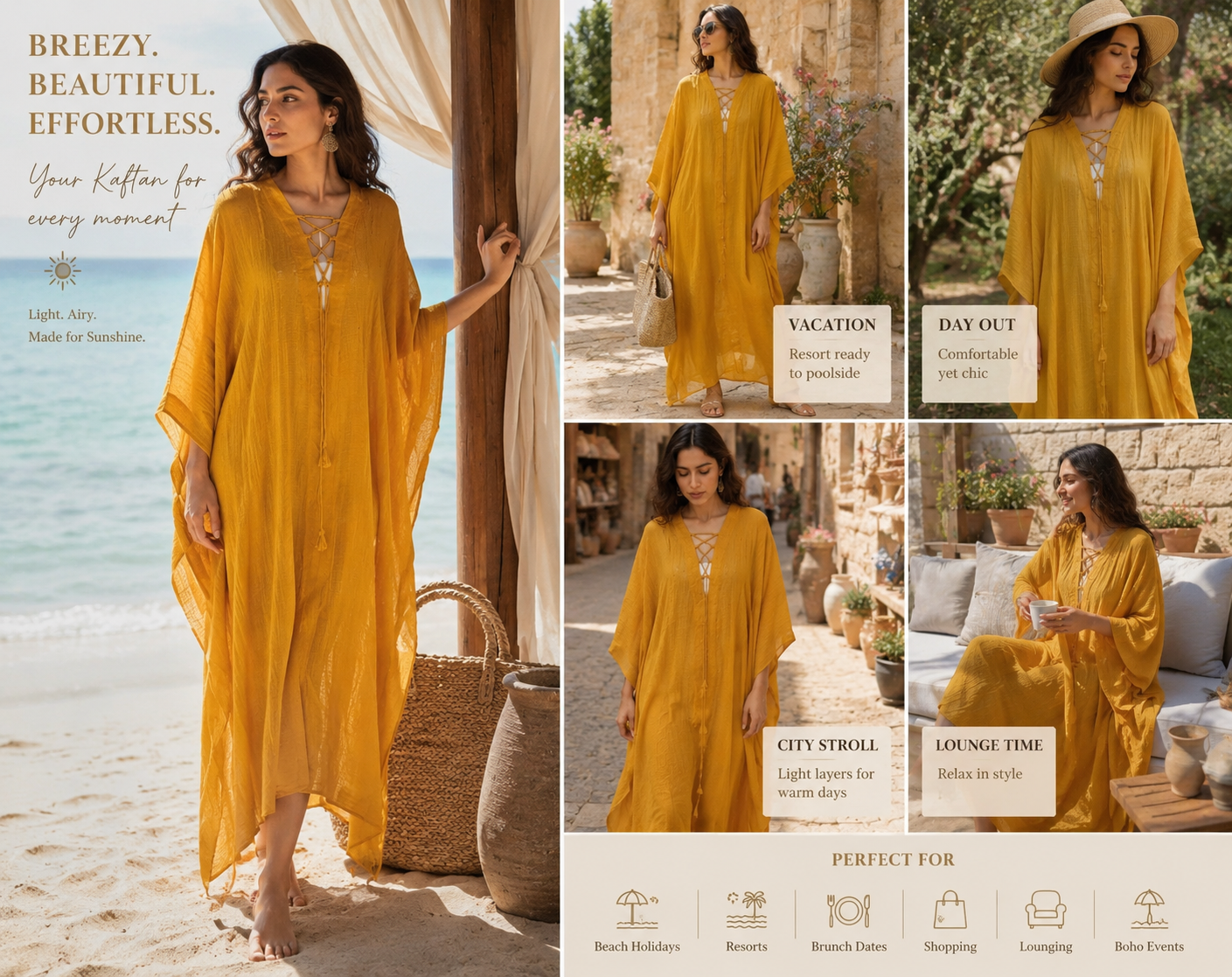 Women’s Mustard Yellow Lace-Up Kaftan | Beach & Resort Wear