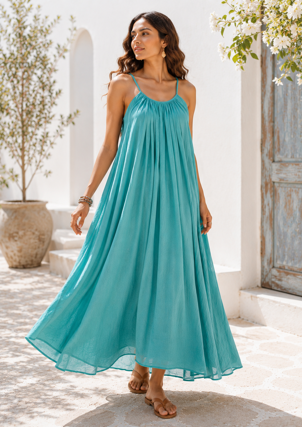Women’s Turquoise Blue Flowy Maxi Dress | Sleeveless Summer & Resort Wear