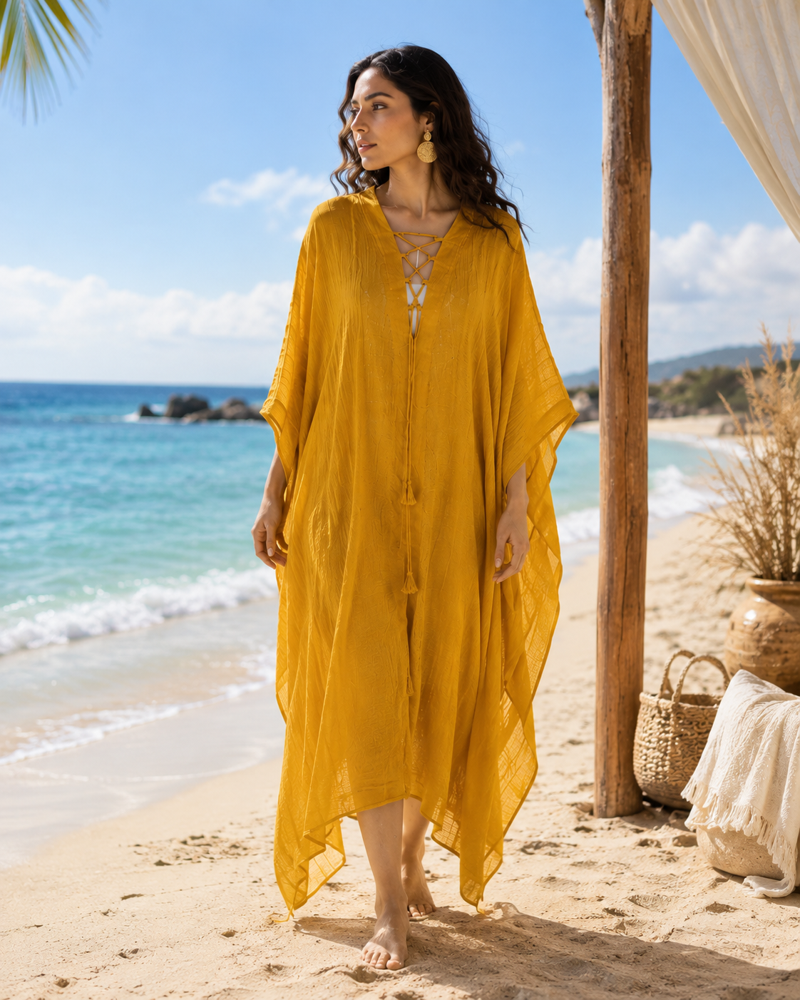 Women’s Mustard Yellow Lace-Up Kaftan | Beach & Resort Wear