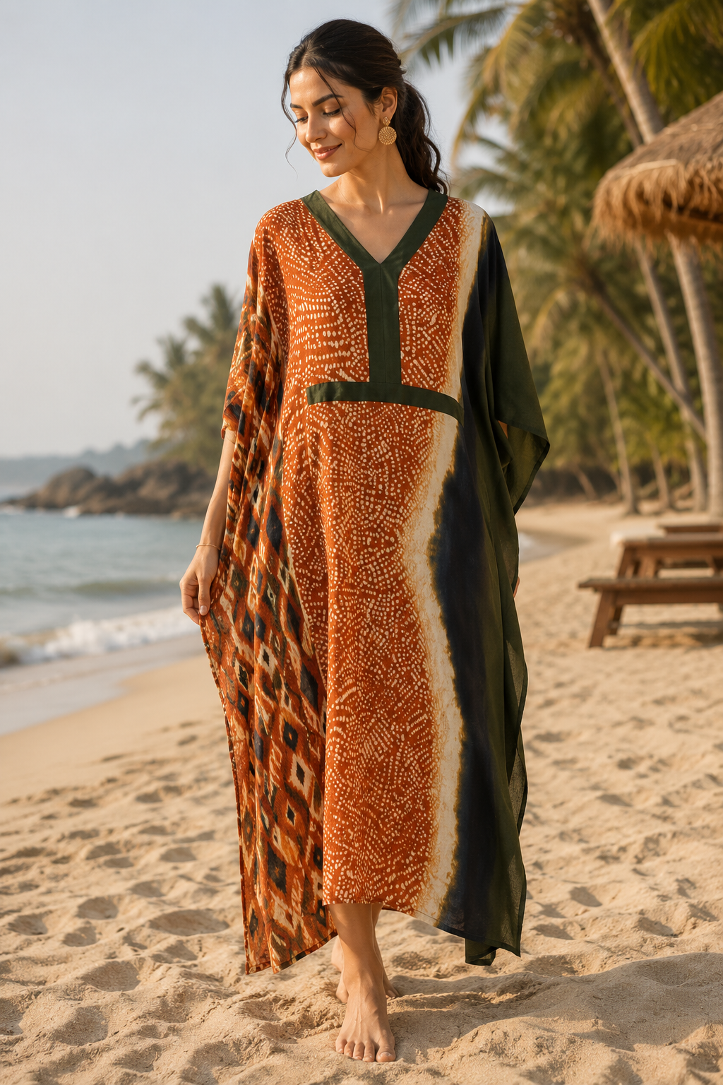 Women’s Rust Orange & Olive Printed Kaftan | V-Neck Beach & Resort Wear