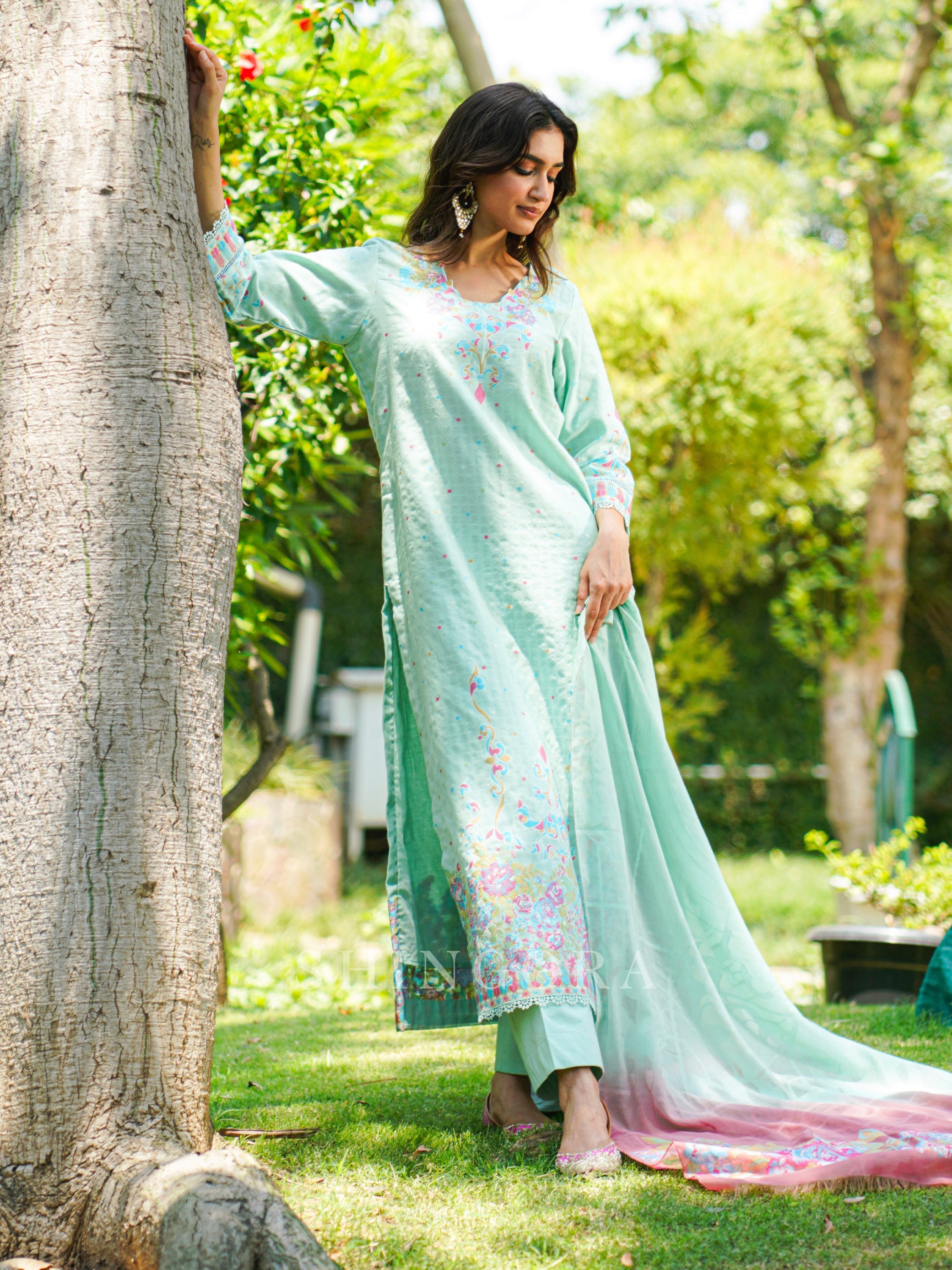 Vani: Sea Green Jacquard Design Metallic Unstitched Suit & Dupatta Set