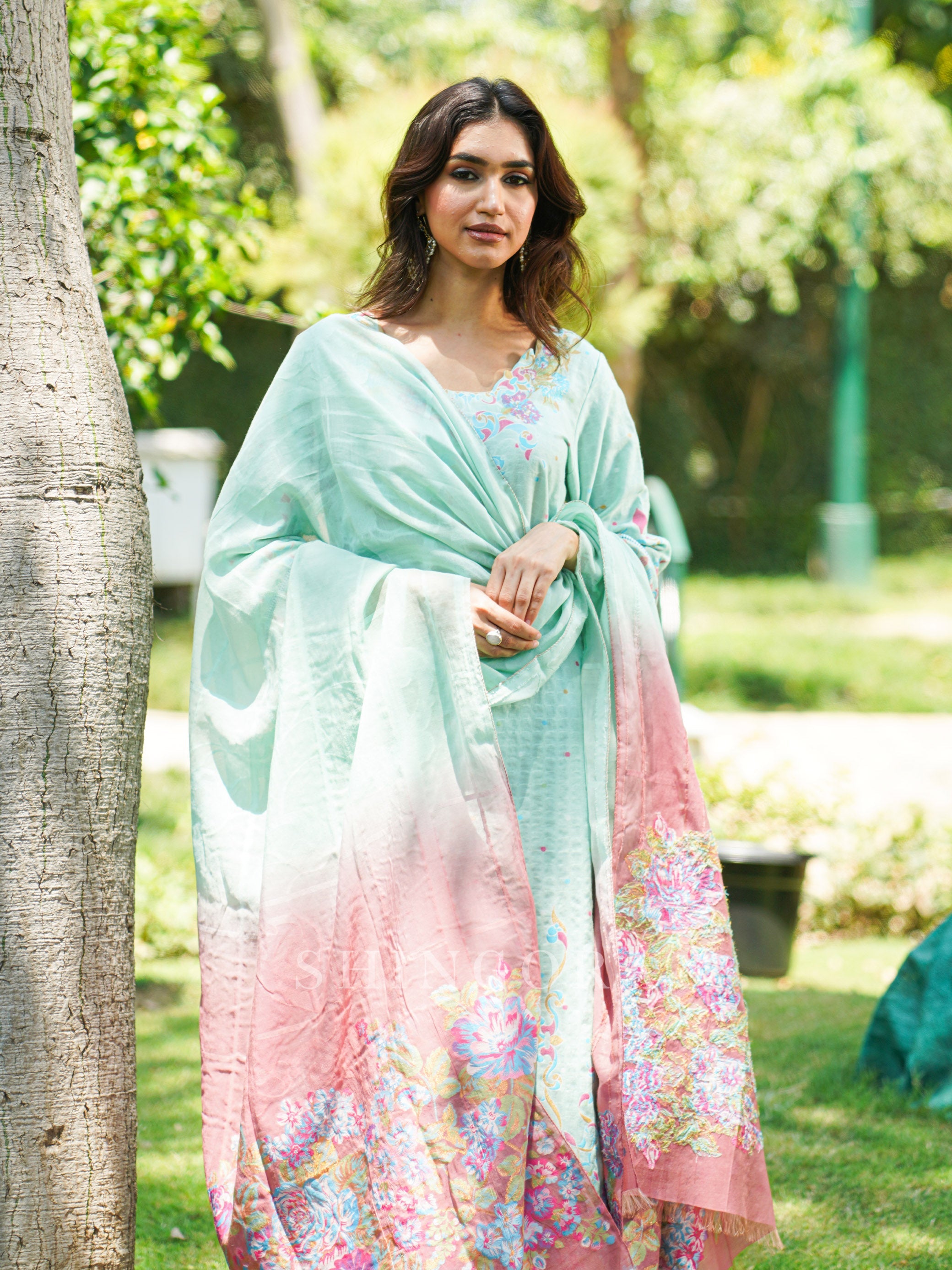 Vani: Sea Green Jacquard Design Metallic Unstitched Suit & Dupatta Set