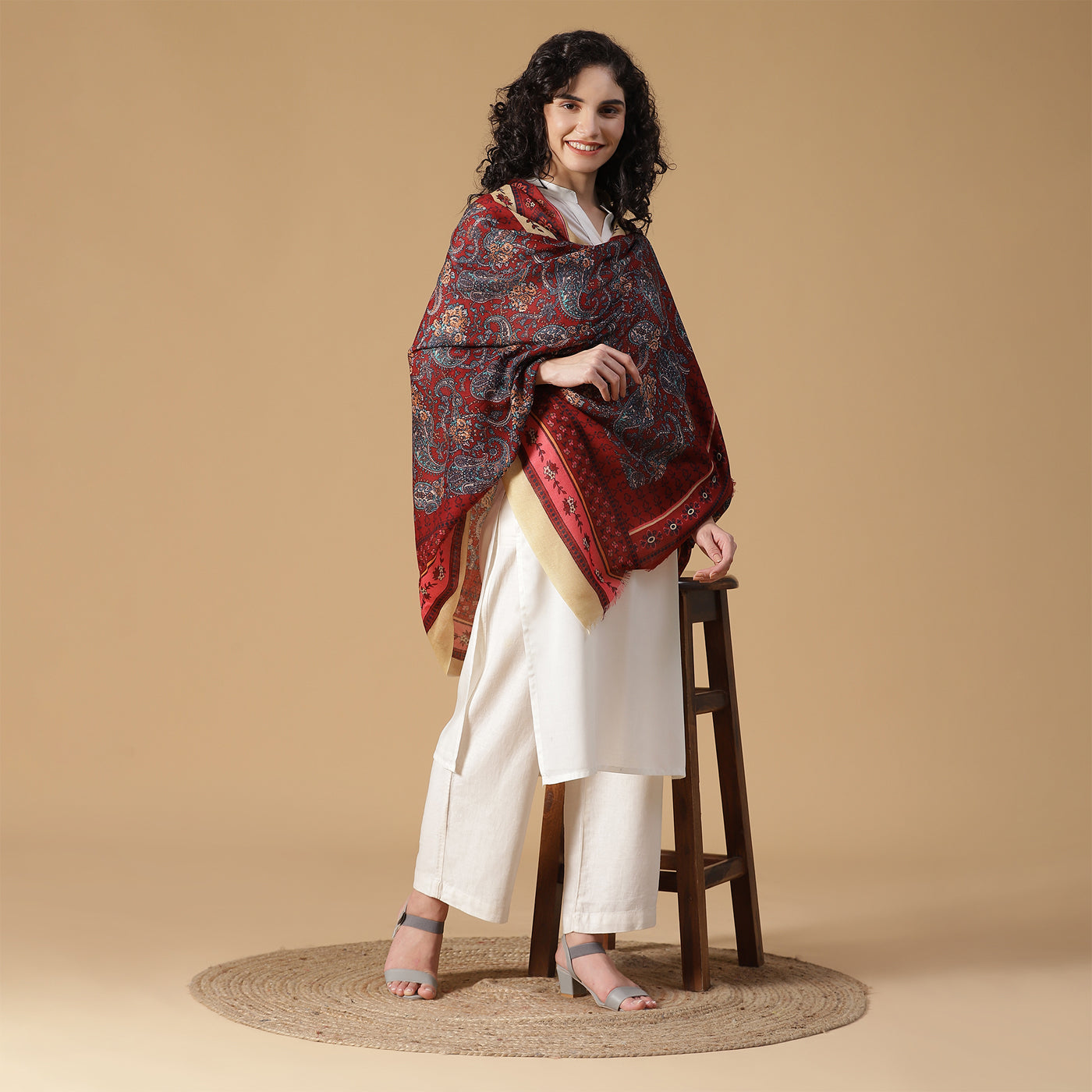 Floral Paisley Pure Woolen Beige Printed Shawl