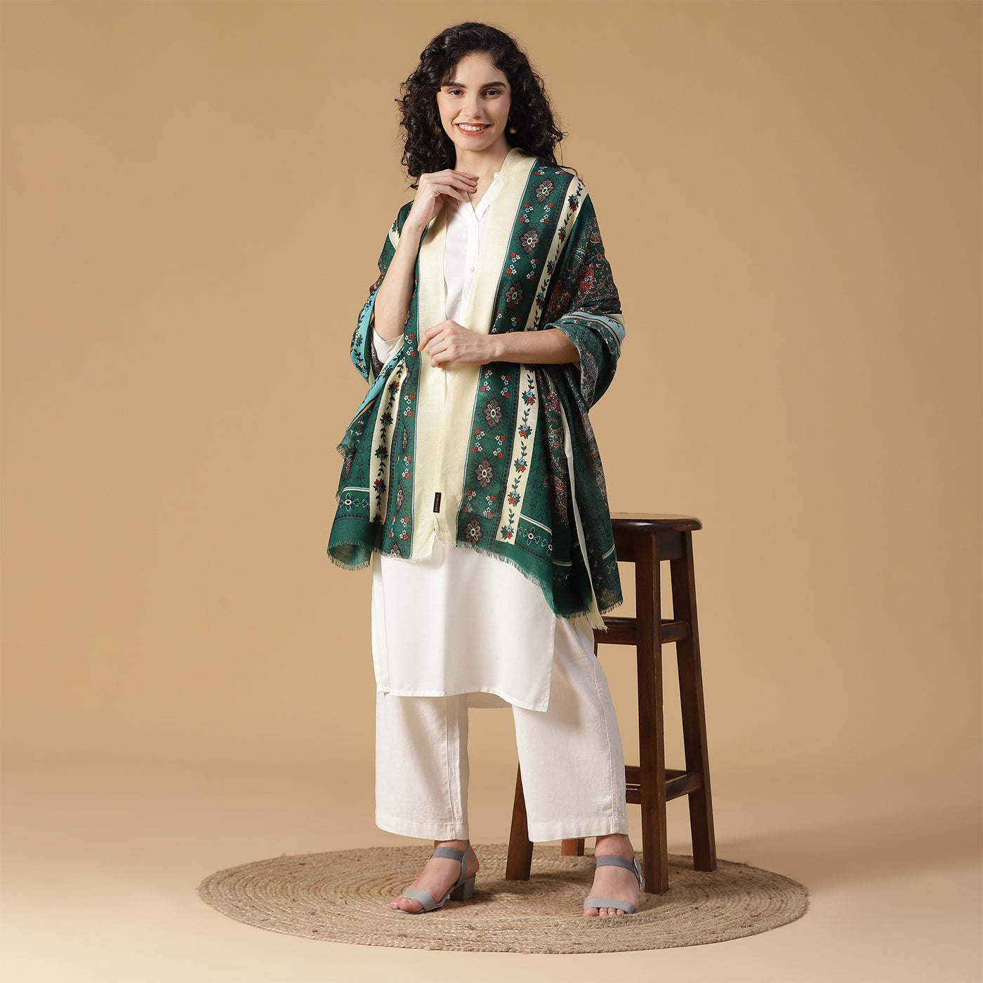 Floral Paisley Pure Woolen Beige Printed Shawl