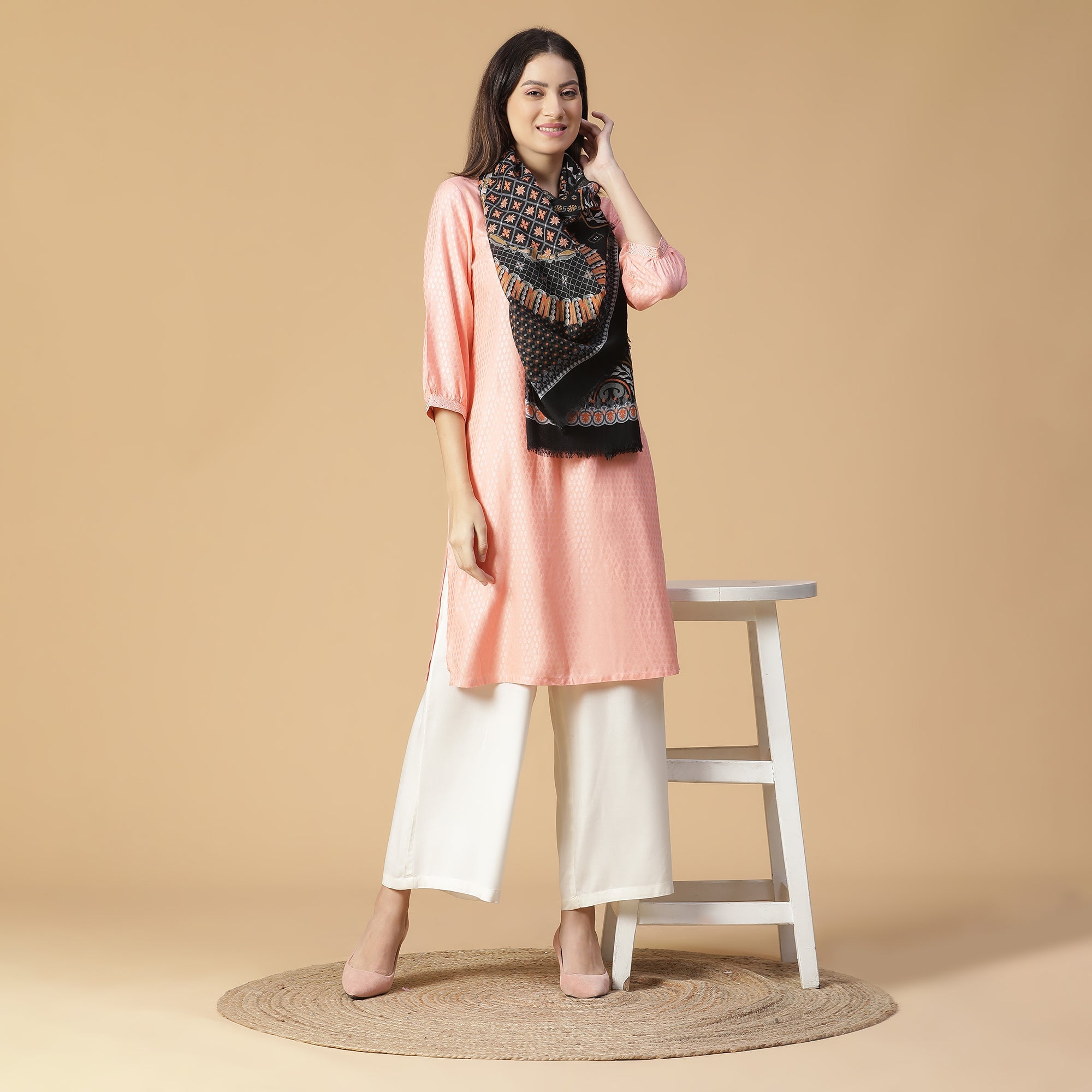Mandavi Design Printed Woolen Offwhite Stole